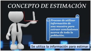 CONCEPTO DE ESTIMACIÓN
Proceso de utilizar
información de
una muestra para
extraer conclusiones
acerca de toda la
población.
Se utiliza la información para estimar u
 