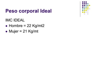 Peso corporal Ideal
IMC IDEAL
z Hombre = 22 Kg/mt2
z Mujer = 21 Kg/mt
 