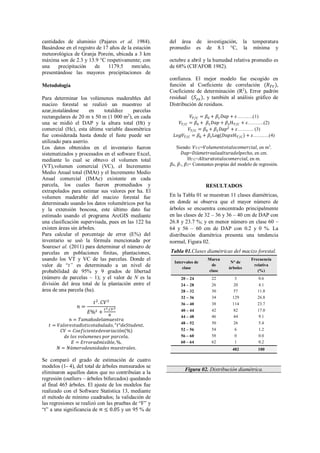 cantidades de aluminio (Pajares et al. 1984).
Basándose en el registro de 17 años de la estación
meteorológica de Granja Porcón, ubicada a 3 km
del área de investigación, la temperatura
promedio es de 8.1 °C, la mínima y
máxima son de 2.3 y 13.9 °C respetivamente; con
una precipitación de 1179.5 mm/año,
presentándose las mayores precipitaciones de
octubre a abril y la humedad relativa promedio es
de 68% (CIFAFOR 1982).
Metodología
Para determinar los volúmenes maderables del
macizo forestal se realizó un muestreo al
azar,instalándose en totaldiez parcelas
rectangulares de 20 m x 50 m (1 000 m2
), en cada
una se midió el DAP y la altura total (Ht) y
comercial (Hc), esta última variable dasométrica
fue considerada hasta donde el fuste puede ser
utilizado para aserrío.
Los datos obtenidos en el inventario fueron
sistematizados y procesados en el software Excel,
mediante lo cual se obtuvo el volumen total
(VT),volumen comercial (VC), el Incremento
Medio Anual total (IMAt) y el Incremento Medio
Anual comercial (IMAc) existente en cada
parcela, los cuales fueron promediados y
extrapolados para estimar sus valores por ha. El
volumen maderable del macizo forestal fue
determinado usando los datos volumétricos por ha
y la extensión boscosa, este último dato fue
estimado usando el programa ArcGIS mediante
una clasificación supervisada, pues en las 122 ha
existen áreas sin árboles.
Para calcular el porcentaje de error (E%) del
inventario se usó la fórmula mencionada por
Soareset al. (2011) para determinar el número de
parcelas en poblaciones finitas, plantaciones,
usando los VT y VC de las parcelas. Donde el
valor de “t” es determinado a un nivel de
probabilidad de 95% y 9 grados de libertad
(número de parcelas – 1); y el valor de N es la
división del área total de la plantación entre el
área de una parcela (ha).
𝑛 =
𝑡2
. 𝐶𝑉2
𝐸%2 +
𝑡2.𝐶𝑉2
𝑁
𝑛 = 𝑇𝑎𝑚𝑎ñ𝑜𝑑𝑒𝑙𝑎𝑚𝑢𝑒𝑠𝑡𝑟𝑎
𝑡 = 𝑉𝑎𝑙𝑜𝑟𝑒𝑠𝑡𝑎𝑑í𝑠𝑡𝑖𝑐𝑜𝑡𝑎𝑏𝑢𝑙𝑎𝑑𝑜, "𝑡"𝑑𝑒𝑆𝑡𝑢𝑑𝑒𝑛𝑡.
𝐶𝑉 = 𝐶𝑜𝑒𝑓𝑖𝑐𝑖𝑒𝑛𝑡𝑒𝑑𝑒𝑣𝑎𝑟𝑖𝑎𝑐𝑖ó𝑛(%)
𝑑𝑒 𝑙𝑜𝑠 𝑣𝑜𝑙𝑢𝑚𝑒𝑛𝑒𝑠 𝑝𝑜𝑟 𝑝𝑎𝑟𝑐𝑒𝑙𝑎.
𝐸 = 𝐸𝑟𝑟𝑜𝑟𝑎𝑑𝑚𝑖𝑠𝑖𝑏𝑙𝑒, %.
𝑁 = 𝑁ú𝑚𝑒𝑟𝑜𝑑𝑒𝑢𝑛𝑖𝑑𝑎𝑑𝑒𝑠 𝑚𝑢𝑒𝑠𝑡𝑟𝑎𝑙𝑒𝑠.
Se comparó el grado de estimación de cuatro
modelos (1- 4), del total de árboles mensurados se
eliminaron aquellos datos que no contribuían a la
regresión (outliers – árboles bifurcados) quedando
al final 465 árboles. El ajuste de los modelos fue
realizado con el Software Statistica 13, mediante
el método de mínimo cuadrados; la validación de
las regresiones se realizó con las pruebas de “F” y
“t” a una significancia de ∝ ≤ 0.05 y un 95 % de
confianza. El mejor modelo fue escogido en
función al Coeficiente de correlación (𝑅 𝑌̂ 𝑌),
Coeficiente de determinación (R2
), Error padrón
residual (𝑆 𝑦𝑥), y también al análisis gráfico de
Distribución de residuos.
𝑉𝑇/𝐶 = 𝛽0 + 𝛽1 𝐷𝑎𝑝 + 𝜀……….(1)
𝑉𝑇/𝐶 = 𝛽0 + 𝛽1 𝐷𝑎𝑝 + 𝛽2H 𝑇/𝐶 + 𝜀……….(2)
𝑉𝑇/𝐶 = 𝛽0 + 𝛽1 𝐷𝑎𝑝2
+ 𝜀………. (3)
𝐿𝑜𝑔𝑉𝑇/𝐶 = 𝛽0 + 𝛽1Log(𝐷𝑎𝑝𝑥H 𝑇/𝐶) + 𝜀……….(4)
Siendo: 𝑉 𝑇/𝐶=𝑉𝑜𝑙𝑢𝑚𝑒𝑛𝑡𝑜𝑡𝑎𝑙𝑜𝑐𝑜𝑚𝑒𝑟𝑐𝑖𝑎𝑙, en m3
.
𝐷𝑎𝑝=𝐷𝑖á𝑚𝑒𝑡𝑟𝑜𝑎𝑙𝑎𝑎𝑙𝑡𝑢𝑟𝑎𝑑𝑒𝑙𝑝𝑒𝑐h𝑜, en cm.
H 𝑇/𝐶=𝐴𝑙𝑡𝑢𝑟𝑎𝑡𝑜𝑡𝑎𝑙𝑜𝑐𝑜𝑚𝑒𝑟𝑐𝑖𝑎𝑙, en m.
𝛽0, 𝛽1, 𝛽2= Constantes propias del modelo de regresión.
RESULTADOS
En la Tabla 01 se muestran 11 clases diamétricas,
en donde se observa que el mayor número de
árboles se encuentra concentrado principalmente
en las clases de 32 – 36 y 36 – 40 cm de DAP con
26.8 y 23.7 %; y en menor número en clase 60 –
64 y 56 – 60 cm de DAP con 0.2 y 0 %. La
distribución diamétrica presenta una tendencia
normal, Figura 02.
Tabla 01.Clases diamétricas del macizo forestal.
Intervalos de
clase
Marca
de
clase
N° de
árboles
Frecuencia
relativa
(%)
20 – 24 22 3 0.6
24 – 28 26 20 4.1
28 – 32 30 57 11.8
32 – 36 34 129 26.8
36 – 40 38 114 23.7
40 – 44 42 82 17.0
44 – 48 46 44 9.1
48 – 52 50 26 5.4
52 – 56 54 6 1.2
56 – 60 58 0 0.0
60 – 64 62 1 0.2
482 100
Figura 02. Distribución diamétrica.
 
