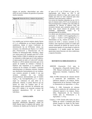 número de parcelas, observándose que sobre
el20% de error el número de parcelas no presenta
mucha variación.
Figura 03. Relación Error y número de parcelas.
N°deparcelas
% de Error
Los modelos que tuvieron mejores ajustes fueron
el 2 y 4, reflejándose en sus buenos indicadores
estadísticos, donde el menor Coeficiente de
determinación fue de 0.950;estos valores esa
cercanos a los obtenidos por Ramos et al. (2014)
para Pinuslawsonii y PinusOocarpa con los
modelos de Schumacher-Hall, Thornber y Spurr
con valores para el R2
ajustado entre 0.97 a 0.99.
Según Cailliez (1980) la calidad de una regresión
no solamente se debe jugar por el valor numérico,
el ajuste puede ser malo y el valor de R2
elevado.
Picardet al. (2012) además mencionan que en los
ajustes de modelos de volumen o biomasa la
hipótesis más importante es la constancia de
varianza de los residuos. El modelo 2 presentó
subestimaciones en diámetros menores, teniendo
una distribución heterocedastica de sus residuos,
caso contrario presentó el modelo 4 con una
varianza constante de sus residuos
(homocedastica); determinándose que el modelo
𝐿𝑜𝑔𝑉𝑇/𝐶 = 𝛽0 + 𝛽1Log(𝐷𝑎𝑝𝑥H 𝑇/𝐶) + 𝜀 expresa
mejor los volúmenes de cada árbol en la
plantación. Además, se puede observar que los
ajustes de todos los modelos para el VC
presentaron menor precisión de estimación que
para elVT, debido a la variación existente del
parámetro dasométricos VC al nivel de
individuos.
CONCLUSIÓN
El macizo presenta una buena estructura
horizontal, distribución diamétrica, siendo los
DAPs buenos para la industria del aserrío. Los
volúmenes de madera por ha fueron de 718.4397
m3
para el VT y de 277.0618 m3
para el VC,
representado este último un 38,6 % del
primero;esta relación es baja, pero aunasí existe
madera que tiene un valor comercial para otras
industrias como para postes o tableros.
Los errores de muestreo obtenidos son de 12,9 %
para el volumen total y 28.6 % en el comercial, en
otras investigaciones o trabajos este valor debe ser
establecido en función al objetivo final del
inventario forestal, pero conforme menos E% se
desea tener mayor número de parcelas serán
instaladas dependiendo mucho de la
homogeneidad de los árboles.
Los ajustes que presentaron mejores estimaciones
son 𝐿𝑜𝑔𝑉𝑇 = −4.303 + 1.571 Log(𝐷𝑎𝑝𝑥H 𝑇) + 𝜀
y 𝐿𝑜𝑔𝑉𝑐 = −3.253 + 1.237 Log(𝐷𝑎𝑝𝑥H 𝑐) + 𝜀,
obteniéndose un 𝑅 𝑌̂ 𝑌 mínimo de 0.975, un 𝑆 𝑦𝑥
máximo de 0.636 y varianza constante en sus
residuos; estas regresiones pueden ser usadas para
estimar volúmenes de árboles de macizo con las
características iguales a la zona donde se realizó la
investigación o el modelo puede dar buenos
ajustes para masas boscosas con otras condiciones
y especies forestales.
REFERENCIAS BIBLIOGRÁFICAS
ADEFOR (Asociación Civil para la
Investigación y Desarrollo forestal, Perú).
1996. Manual zonificación de especies y
plantaciones forestales. Cajamarca, Perú.
90 p.
Alder, D.1980. Estimación de volumen forestal
y predicción del rendimiento: con
referencia especial a los trópicos. Roma,
Organización de las Naciones Unidas para
la Alimentación y la Agricultura. v 2, 80 p.
Cailliez, F. 1980. Estimación de volumen
forestal y predicción del rendimiento con
referencia especial a los trópicos. Roma,
Itália, Organización de las Naciones
Unidas para la Alimentación y la
Agricultura. v 1, 92 p.
Campos, J. 1970. Estudo sobre índice de sítio e
tabelas de volume e produção para Pinus
elliottii Engelm no estado de São Paulo.
Teses Mag. Sc. San José, CR, Instituto
0
25
50
75
100
125
150
175
200
225
250
275
5 10 15 20 25 30 35 40 45 50
V comercial
V total
 