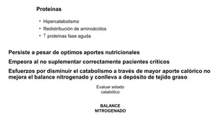 Proteínas
• Hipercatabolismo
• Redistribución de aminoácidos
• ↑ proteínas fase aguda
Evaluar estado
catabólico
BALANCE
NITROGENADO
 