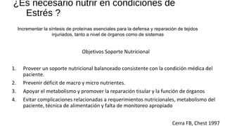 ¿Es necesario nutrir en condiciones de
Estrés ?
Objetivos Soporte Nutricional
1. Proveer un soporte nutricional balanceado consistente con la condición médica del 
paciente.
2. Prevenir déficit de macro y micro nutrientes.
3. Apoyar el metabolismo y promover la reparación tisular y la función de órganos
4. Evitar complicaciones relacionadas a requerimientos nutricionales, metabolismo del 
paciente, técnica de alimentación y falta de monitoreo apropiado
Cerra FB, Chest 1997
Incrementar la síntesis de proteínas esenciales para la defensa y reparación de tejidos
injuriados, tanto a nivel de órganos como de sistemas
 
