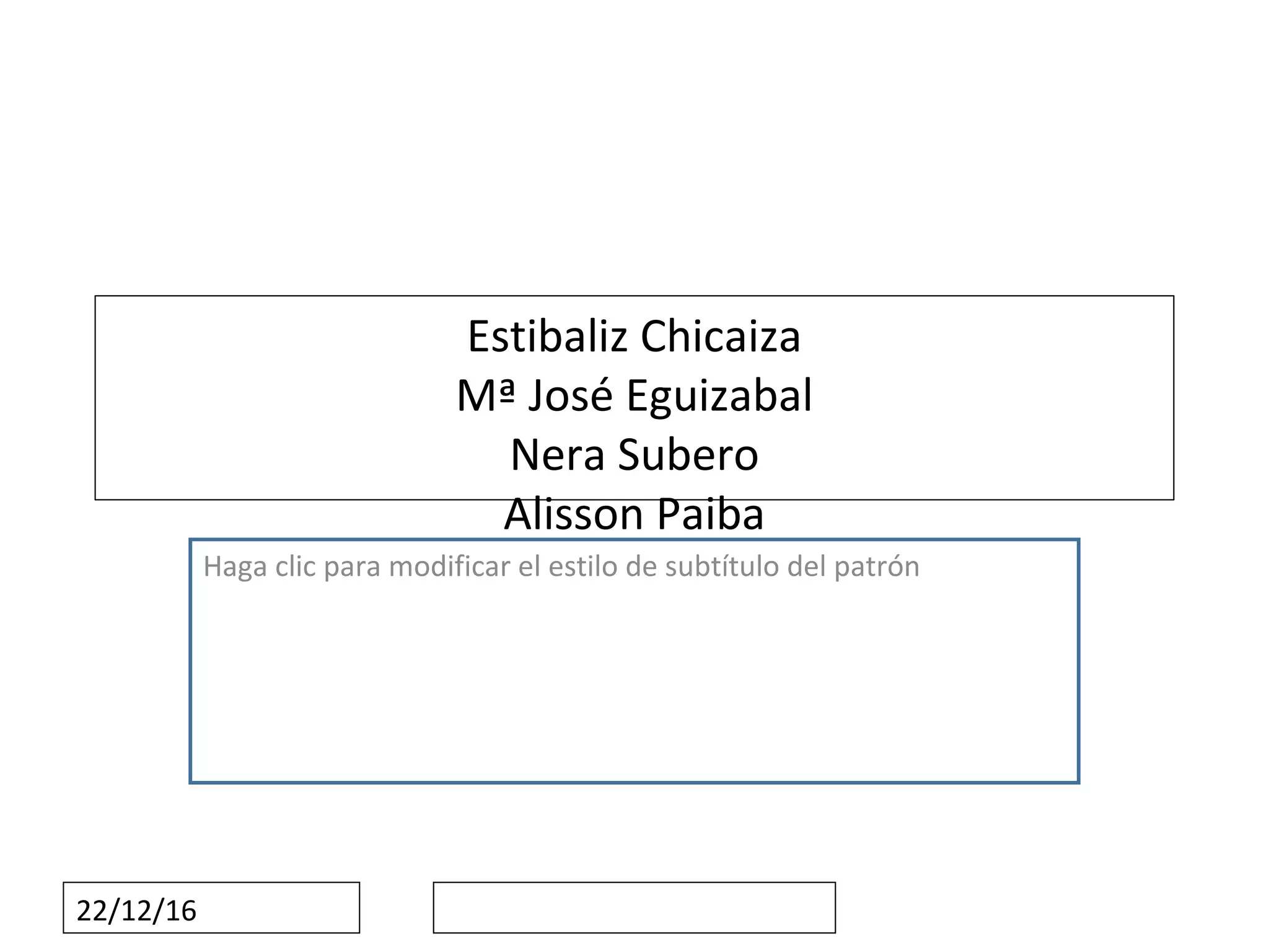 Haga clic para modificar el estilo de subtítulo del patrón
22/12/16
Estibaliz Chicaiza
Mª José Eguizabal
Nera Subero
Alisson Paiba