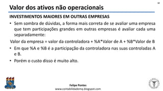 Felipe Pontes
www.contabilidademq.blogspot.com
Valor dos ativos não operacionais
INVESTIMENTOS MAIORES EM OUTRAS EMPRESAS
• Sem sombra de dúvidas, a forma mais correta de se avaliar uma empresa
que tem participações grandes em outras empresas é avaliar cada uma
separadamente:
Valor da empresa = valor da controladora + %A*Valor de A + %B*Valor de B
• Em que %A e %B é a participação da controladora nas suas controladas A
e B.
• Porém o custo disso é muito alto.
10
 