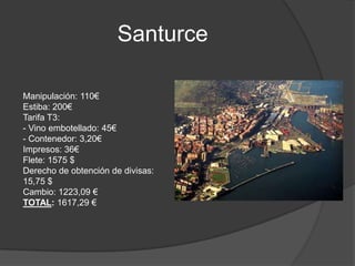 Santurce
Manipulación: 110€
Estiba: 200€
Tarifa T3:
- Vino embotellado: 45€
- Contenedor: 3,20€
Impresos: 36€
Flete: 1575 $
Derecho de obtención de divisas:
15,75 $
Cambio: 1223,09 €
TOTAL: 1617,29 €
 