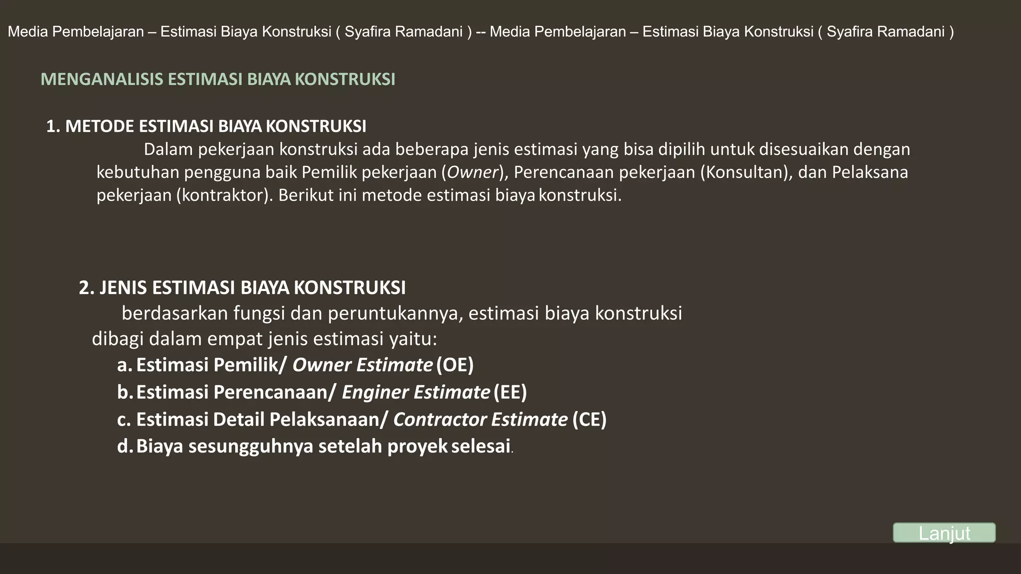 Estimasi biaya konstruksi | PPTX