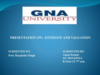 SUBMITTED TO-
Prof. Harpinder Singh
SUBMITTED BY-
Aman Kumar
GU-2015-0352-L
B.Tech CE 7th sem.
PRESENTATION ON:- ESTIMATE AND VALUATION
 