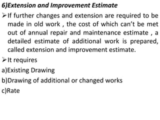 6)Extension and Improvement Estimate
If further changes and extension are required to be
made in old work , the cost of w...