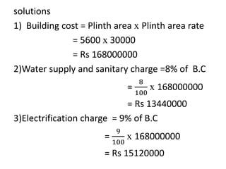 solutions
1) Building cost = Plinth area ⅹ Plinth area rate
= 5600 ⅹ 30000
= Rs 168000000
2)Water supply and sanitary char...