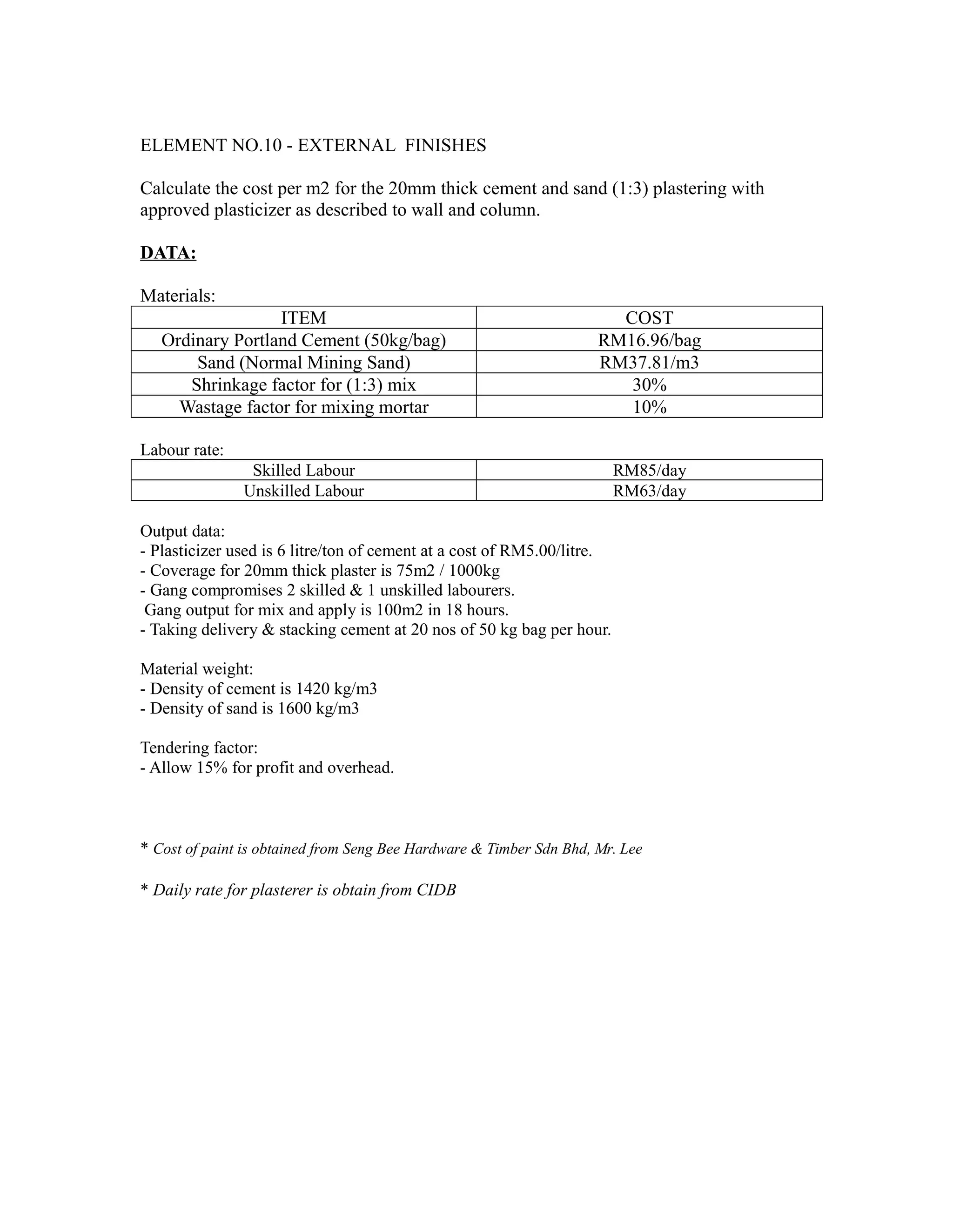 ELEMENT NO.10 - EXTERNAL FINISHES
Calculate the cost per m2 for the 20mm thick cement and sand (1:3) plastering with
approved plasticizer as described to wall and column.
DATA:
Materials:
ITEM COST
Ordinary Portland Cement (50kg/bag) RM16.96/bag
Sand (Normal Mining Sand) RM37.81/m3
Shrinkage factor for (1:3) mix 30%
Wastage factor for mixing mortar 10%
Labour rate:
Skilled Labour RM85/day
Unskilled Labour RM63/day
Output data:
- Plasticizer used is 6 litre/ton of cement at a cost of RM5.00/litre.
- Coverage for 20mm thick plaster is 75m2 / 1000kg
- Gang compromises 2 skilled & 1 unskilled labourers.
Gang output for mix and apply is 100m2 in 18 hours.
- Taking delivery & stacking cement at 20 nos of 50 kg bag per hour.
Material weight:
- Density of cement is 1420 kg/m3
- Density of sand is 1600 kg/m3
Tendering factor:
- Allow 15% for profit and overhead.
* Cost of paint is obtained from Seng Bee Hardware & Timber Sdn Bhd, Mr. Lee
* Daily rate for plasterer is obtain from CIDB
 