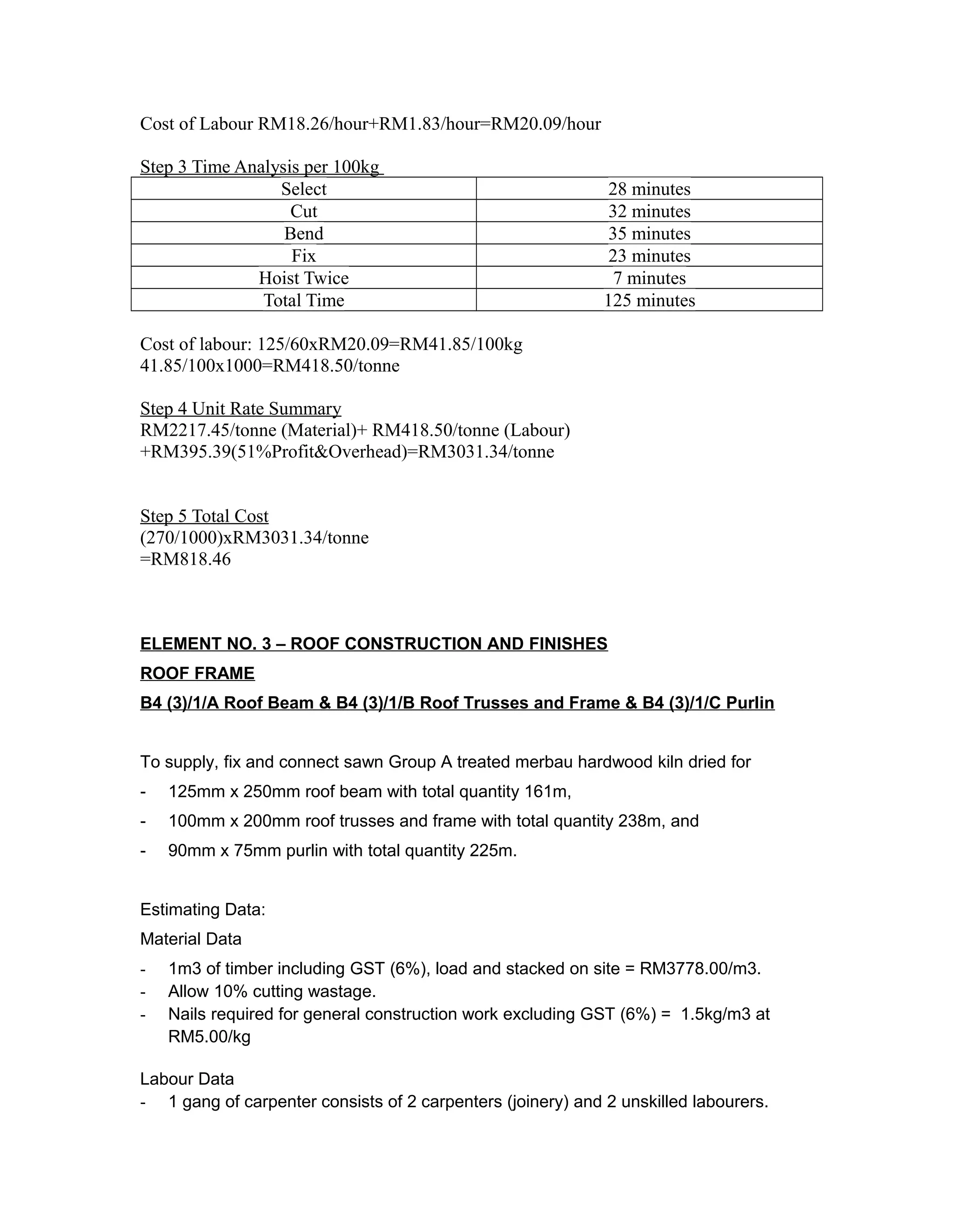 Cost of Labour RM18.26/hour+RM1.83/hour=RM20.09/hour
Step 3 Time Analysis per 100kg
Select 28 minutes
Cut 32 minutes
Bend 35 minutes
Fix 23 minutes
Hoist Twice 7 minutes
Total Time 125 minutes
Cost of labour: 125/60xRM20.09=RM41.85/100kg
41.85/100x1000=RM418.50/tonne
Step 4 Unit Rate Summary
RM2217.45/tonne (Material)+ RM418.50/tonne (Labour)
+RM395.39(51%Profit&Overhead)=RM3031.34/tonne
Step 5 Total Cost
(270/1000)xRM3031.34/tonne
=RM818.46
ELEMENT NO. 3 – ROOF CONSTRUCTION AND FINISHES
ROOF FRAME
B4 (3)/1/A Roof Beam & B4 (3)/1/B Roof Trusses and Frame & B4 (3)/1/C Purlin
To supply, fix and connect sawn Group A treated merbau hardwood kiln dried for
- 125mm x 250mm roof beam with total quantity 161m,
- 100mm x 200mm roof trusses and frame with total quantity 238m, and
- 90mm x 75mm purlin with total quantity 225m.
Estimating Data:
Material Data
- 1m3 of timber including GST (6%), load and stacked on site = RM3778.00/m3.
- Allow 10% cutting wastage.
- Nails required for general construction work excluding GST (6%) = 1.5kg/m3 at
RM5.00/kg
Labour Data
- 1 gang of carpenter consists of 2 carpenters (joinery) and 2 unskilled labourers.
 