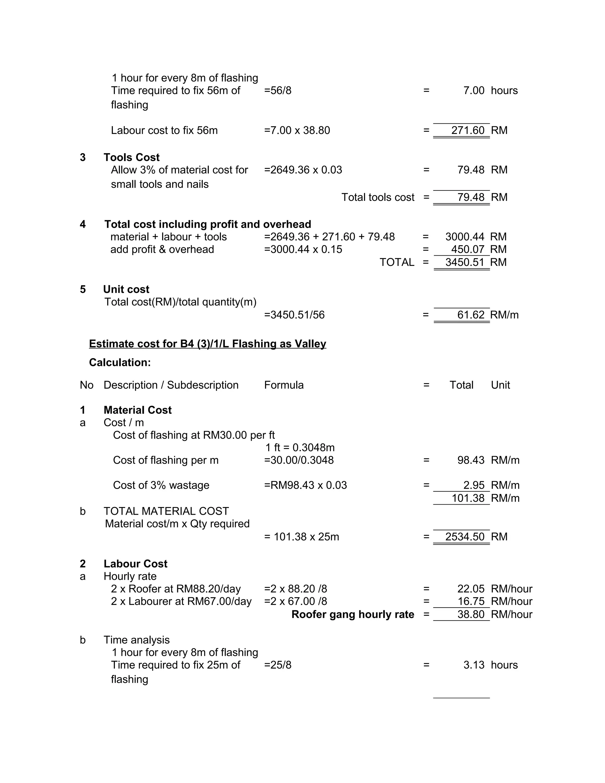 1 hour for every 8m of flashing
Time required to fix 56m of
flashing
=56/8 = 7.00 hours
Labour cost to fix 56m =7.00 x 38.80 = 271.60 RM
3 Tools Cost
Allow 3% of material cost for
small tools and nails
=2649.36 x 0.03 = 79.48 RM
Total tools cost = 79.48 RM
4 Total cost including profit and overhead
material + labour + tools =2649.36 + 271.60 + 79.48 = 3000.44 RM
add profit & overhead =3000.44 x 0.15 = 450.07 RM
TOTAL = 3450.51 RM
5 Unit cost
Total cost(RM)/total quantity(m)
=3450.51/56 = 61.62 RM/m
Estimate cost for B4 (3)/1/L Flashing as Valley
Calculation:
No Description / Subdescription Formula = Total Unit
1 Material Cost
a Cost / m
Cost of flashing at RM30.00 per ft
1 ft = 0.3048m
Cost of flashing per m =30.00/0.3048 = 98.43 RM/m
Cost of 3% wastage =RM98.43 x 0.03 = 2.95 RM/m
101.38 RM/m
b TOTAL MATERIAL COST
Material cost/m x Qty required
= 101.38 x 25m = 2534.50 RM
2 Labour Cost
a Hourly rate
2 x Roofer at RM88.20/day =2 x 88.20 /8 = 22.05 RM/hour
2 x Labourer at RM67.00/day =2 x 67.00 /8 = 16.75 RM/hour
Roofer gang hourly rate = 38.80 RM/hour
b Time analysis
1 hour for every 8m of flashing
Time required to fix 25m of
flashing
=25/8 = 3.13 hours
 