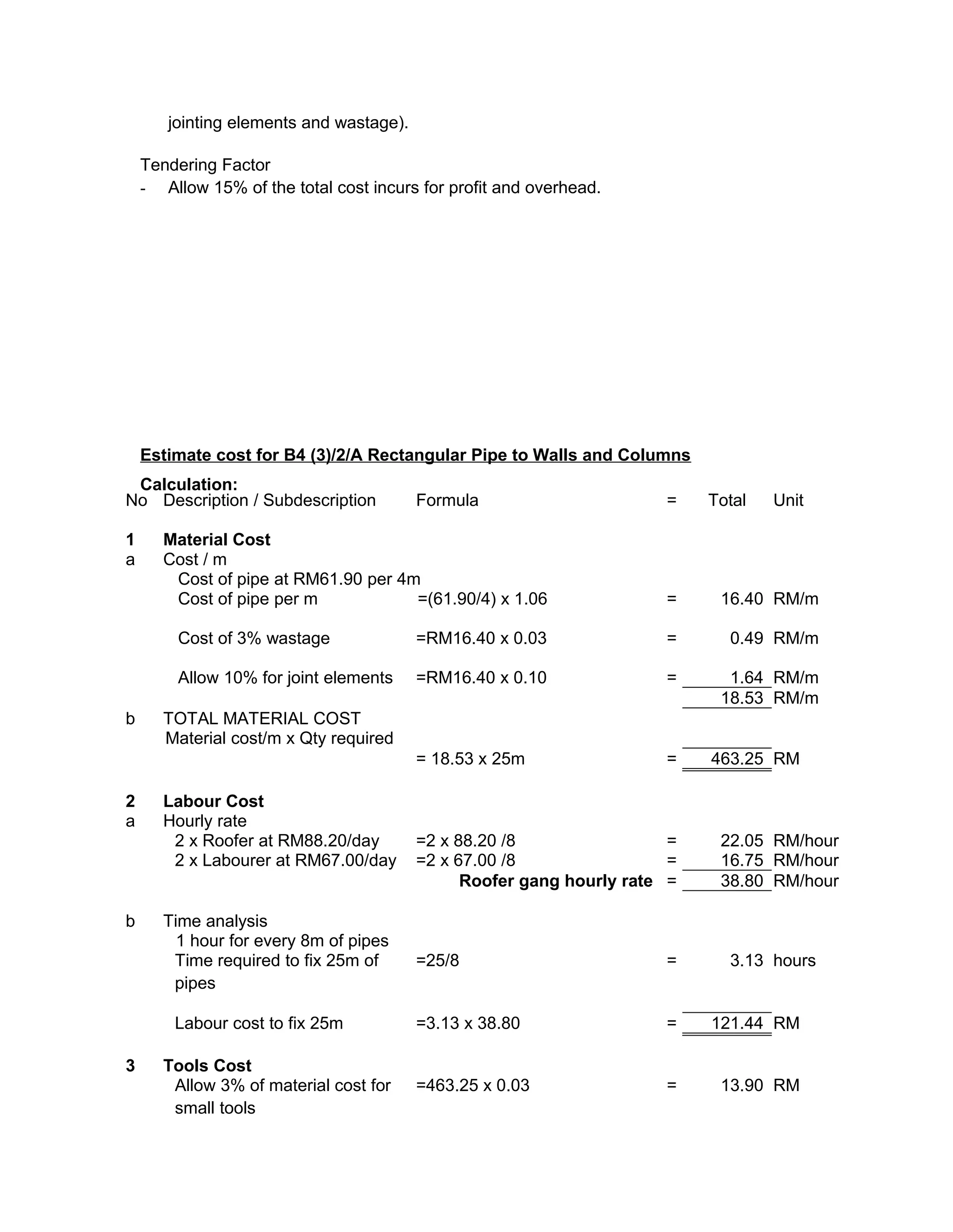 jointing elements and wastage).
Tendering Factor
- Allow 15% of the total cost incurs for profit and overhead.
Estimate cost for B4 (3)/2/A Rectangular Pipe to Walls and Columns
Calculation:
No Description / Subdescription Formula = Total Unit
1 Material Cost
a Cost / m
Cost of pipe at RM61.90 per 4m
Cost of pipe per m =(61.90/4) x 1.06 = 16.40 RM/m
Cost of 3% wastage =RM16.40 x 0.03 = 0.49 RM/m
Allow 10% for joint elements =RM16.40 x 0.10 = 1.64 RM/m
18.53 RM/m
b TOTAL MATERIAL COST
Material cost/m x Qty required
= 18.53 x 25m = 463.25 RM
2 Labour Cost
a Hourly rate
2 x Roofer at RM88.20/day =2 x 88.20 /8 = 22.05 RM/hour
2 x Labourer at RM67.00/day =2 x 67.00 /8 = 16.75 RM/hour
Roofer gang hourly rate = 38.80 RM/hour
b Time analysis
1 hour for every 8m of pipes
Time required to fix 25m of
pipes
=25/8 = 3.13 hours
Labour cost to fix 25m =3.13 x 38.80 = 121.44 RM
3 Tools Cost
Allow 3% of material cost for
small tools
=463.25 x 0.03 = 13.90 RM
 