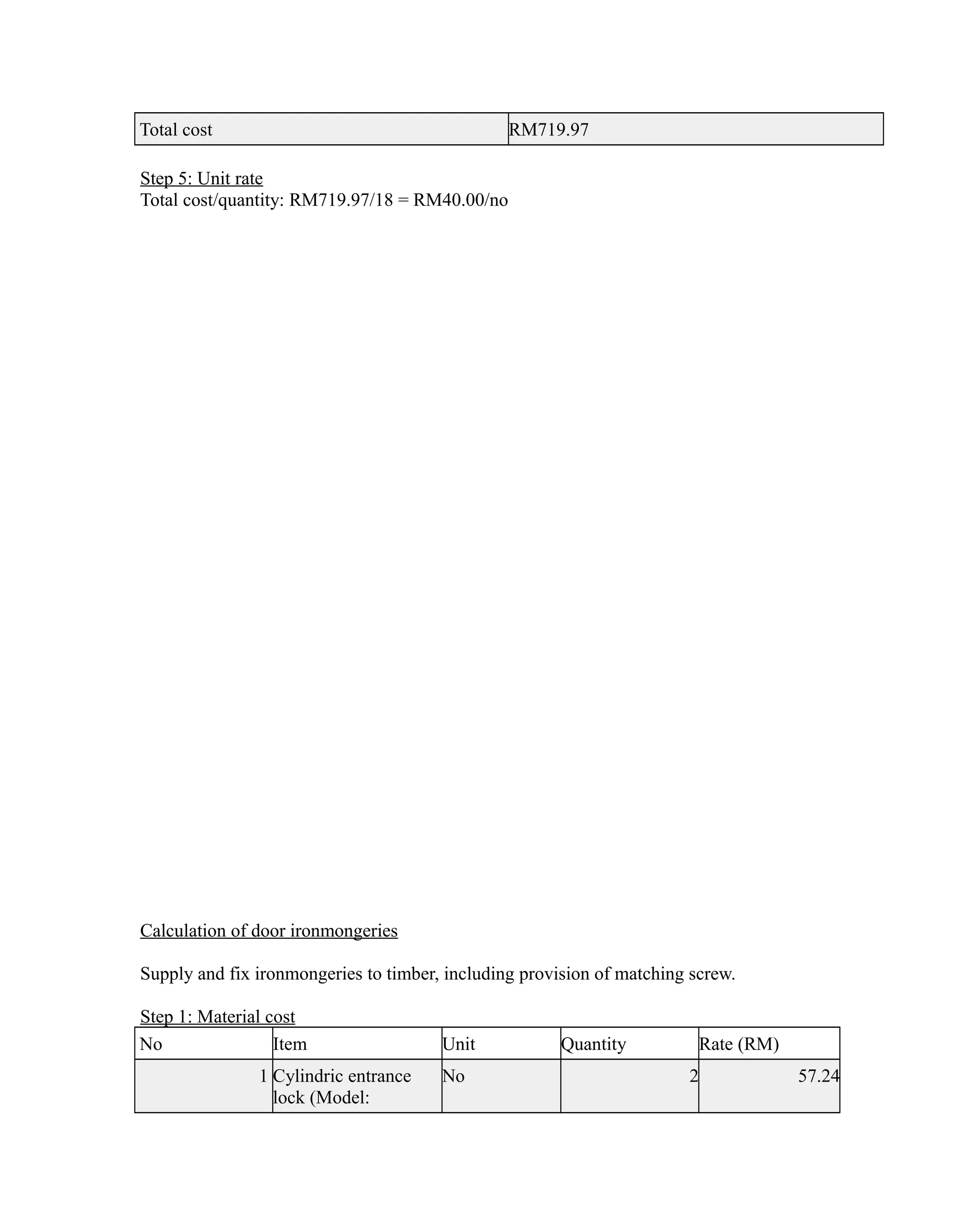 Total cost RM719.97
Step 5: Unit rate
Total cost/quantity: RM719.97/18 = RM40.00/no
Calculation of door ironmongeries
Supply and fix ironmongeries to timber, including provision of matching screw.
Step 1: Material cost
No Item Unit Quantity Rate (RM)
1 Cylindric entrance
lock (Model:
No 2 57.24
 