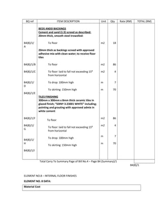 BQ ref ITEM DESCRIPTION Unit Qty Rate (RM) TOTAL (RM)
BEDS ANDD BACKINGS
Cement and sand (1:3) screed as described:
20mm thick, smooth steel trowelled:
B4(8)/1/
A
To floor
20mm thick as backings screed with approved
adhesive mix with clean water; to receive floor
tiles
m2 18
B4(8)/1/B
B4(8)/1/C
B4(8)/1/
D
B4(8)/1/E
To floor
To floor: laid to fall not exceeding 15⁰
from horizontal
To drop: 100mm high
To skirting: 150mm high
m2
m2
m
m
86
4
7
70
TILES FINISHING
300mm x 300mm x 8mm thick ceramic tiles in
glazed finish; “SIXNY 3-23001 WHITE” including;
pointing and grouting with approved admix in
white cement
B4(8)/1/F
B4(8)/1/
G
B4(8)/1/
H
B4(8)/1/I
To floor
To floor: laid to fall not exceeding 15⁰
from horizontal
To drop: 100mm high
To skirting: 150mm high
m2
m2
m
m
86
4
7
70
Total Carry To Summary Page of Bill No.4 – Page B4 (Summary)/1
B4(8)/1
ELEMENT NO.8 – INTERNAL FLOOR FINISHES
ELEMENT NO. 8 DATA:
Material Cost
 