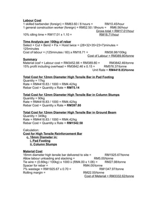 Labour Cost
1 skilled barbender (foreign) = RM83.60 / 8 hours = RM10.45/hour
1 general construction worker (foreign) = RM52.50 / 8hours = RM6.56/hour
Gross total = RM17.01/hour
10% idling time = RM17.01 x 1.10 = RM18.71/hour
Time Analysis per 100kg of rebar
Select + Cut + Bend + Fix + Hoist twice = (28+32+35+23+7)minutes =
125minutes
Cost of labour = (125minutes / 60) x RM18.71 = RM38.98/100kg
Cost of Labour = RM389.80/tonne
Summary
Material cosf + Labour cost = RM3452.66 + RM389.80 = RM3842.46/tonne
15% profit including overhead = RM3842.46 x 0.15 = RM576.37/tonne
Unit Rate = RM4418.83/tonne
Total Cost for 12mm Diameter High Tensile Bar in Pad Footing
Quantity = 17kg
Rate = RM4418.83 / 1000 = RM4.42/kg
Rebar Cost = Quantity x Rate = RM75.14
Total Cost for 12mm Diameter High Tensile Bar in Column Stumps
Quantity = 90kg
Rate = RM4418.83 / 1000 = RM4.42/kg
Rebar Cost = Quantity x Rate = RM397.80
Total Cost for 12mm Diameter High Tensile Bar in Ground Beam
Quantity = 349kg
Rate = RM4418.83 / 1000 = RM4.42/kg
Rebar Cost = Quantity x Rate = RM1542.58
Calculation:
Cost for High Tensile Reinforcement Bar
c. 16mm Diameter in:
i. Pad Footing
ii. Column Stumps
Material Cost
16mm diameter high tensile bar delivered to site = RM1925.67/tonne
Allow labour unloading and stacking = RM5.00/tonne
Tie wire = (0.66kg / 100kg) x 1000 x (RM4.00 x 1.06) = RM27.98/tonne
Spacer for rebar = RM4.00/tonne
7% wastage = RM1925.67 x 0.70 = RM1347.97/tonne
Rolling margin = RM22.00/tonne
Cost of Meterial = RM3332.62/tonne
 