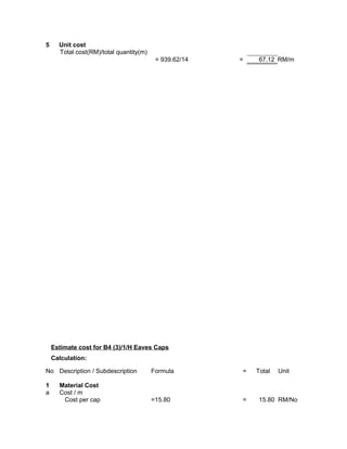 5 Unit cost
Total cost(RM)/total quantity(m)
= 939.62/14 = 67.12 RM/m
Estimate cost for B4 (3)/1/H Eaves Caps
Calculation:
No Description / Subdescription Formula = Total Unit
1 Material Cost
a Cost / m
Cost per cap =15.80 = 15.80 RM/No
 