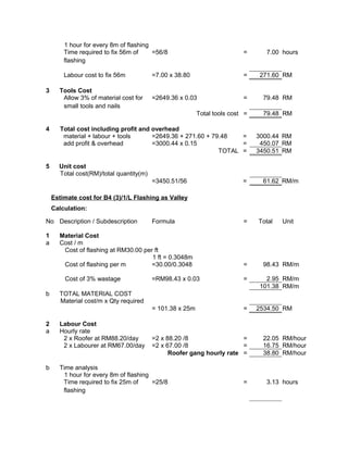 1 hour for every 8m of flashing
Time required to fix 56m of
flashing
=56/8 = 7.00 hours
Labour cost to fix 56m =7.00 x 38.80 = 271.60 RM
3 Tools Cost
Allow 3% of material cost for
small tools and nails
=2649.36 x 0.03 = 79.48 RM
Total tools cost = 79.48 RM
4 Total cost including profit and overhead
material + labour + tools =2649.36 + 271.60 + 79.48 = 3000.44 RM
add profit & overhead =3000.44 x 0.15 = 450.07 RM
TOTAL = 3450.51 RM
5 Unit cost
Total cost(RM)/total quantity(m)
=3450.51/56 = 61.62 RM/m
Estimate cost for B4 (3)/1/L Flashing as Valley
Calculation:
No Description / Subdescription Formula = Total Unit
1 Material Cost
a Cost / m
Cost of flashing at RM30.00 per ft
1 ft = 0.3048m
Cost of flashing per m =30.00/0.3048 = 98.43 RM/m
Cost of 3% wastage =RM98.43 x 0.03 = 2.95 RM/m
101.38 RM/m
b TOTAL MATERIAL COST
Material cost/m x Qty required
= 101.38 x 25m = 2534.50 RM
2 Labour Cost
a Hourly rate
2 x Roofer at RM88.20/day =2 x 88.20 /8 = 22.05 RM/hour
2 x Labourer at RM67.00/day =2 x 67.00 /8 = 16.75 RM/hour
Roofer gang hourly rate = 38.80 RM/hour
b Time analysis
1 hour for every 8m of flashing
Time required to fix 25m of
flashing
=25/8 = 3.13 hours
 