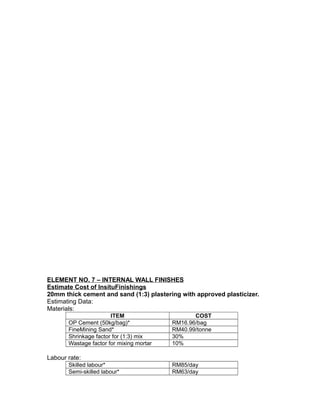 ELEMENT NO. 7 – INTERNAL WALL FINISHES
Estimate Cost of InsituFinishings
20mm thick cement and sand (1:3) plastering with approved plasticizer.
Estimating Data:
Materials:
ITEM COST
OP Cement (50kg/bag)* RM16.96/bag
FineMining Sand* RM40.99/tonne
Shrinkage factor for (1:3) mix 30%
Wastage factor for mixing mortar 10%
Labour rate:
Skilled labour* RM85/day
Semi-skilled labour* RM63/day
 