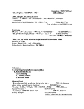 Gross total = RM17.01/hour
10% idling time = RM17.01 x 1.10 = RM18.71/hour
Time Analysis per 100kg of rebar
Select + Cut + Bend + Fix + Hoist twice = (28+32+35+23+7)minutes =
125minutes
Cost of labour = (125minutes / 60) x RM18.71 = RM38.98/100kg
Cost of Labour = RM389.80/tonne
Summary
Material cosf + Labour cost = RM3452.74 + RM389.80 = RM3842.54/tonne
15% profit including overhead = RM3842.54 x 0.15 = RM576.38/tonne
Unit Rate = RM4418.92/tonne
Total Cost for 10mm Diameter High Tensile Bar in Ground Beam
Quantity = 300kg
Rate = RM4418.92 / 1000 = RM4.42/kg
Rebar Cost = Quantity x Rate = RM1326.00
Calculation:
Cost for High Tensile Reinforcement Bar
b. 12mm Diameter in:
i. Pad Footing
ii. Column Stumps
iii. Ground Beam
Material Cost
12mm diameter high tensile bar delivered to site = RM1996.33/tonne
Allow labour unloading and stacking = RM5.00/tonne
Tie wire = (0.66kg / 100kg) x 1000 x (RM4.00 x 1.06) = RM27.98/tonne
Spacer for rebar = RM4.00/tonne
7% wastage = RM1996.33 x 0.70 = RM1397.43/tonne
Rolling margin = RM22.00/tonne
Cost of Meterial = RM3452.66/tonne
 