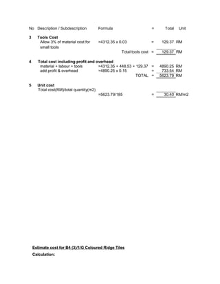 No Description / Subdescription Formula = Total Unit
3 Tools Cost
Allow 3% of material cost for
small tools
=4312.35 x 0.03 = 129.37 RM
Total tools cost = 129.37 RM
4 Total cost including profit and overhead
material + labour + tools =4312.35 + 448.53 + 129.37 = 4890.25 RM
add profit & overhead =4890.25 x 0.15 = 733.54 RM
TOTAL = 5623.79 RM
5 Unit cost
Total cost(RM)/total quantity(m2)
=5623.79/185 = 30.40 RM/m2
Estimate cost for B4 (3)/1/G Coloured Ridge Tiles
Calculation:
 