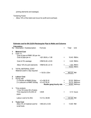 jointing elements and wastage).
Tendering Factor
- Allow 15% of the total cost incurs for profit and overhead.
Estimate cost for B4 (3)/2/A Rectangular Pipe to Walls and Columns
Calculation:
No Description / Subdescription Formula = Total Unit
1 Material Cost
a Cost / m
Cost of pipe at RM61.90 per 4m
Cost of pipe per m =(61.90/4) x 1.06 = 16.40 RM/m
Cost of 3% wastage =RM16.40 x 0.03 = 0.49 RM/m
Allow 10% for joint elements =RM16.40 x 0.10 = 1.64 RM/m
18.53 RM/m
b TOTAL MATERIAL COST
Material cost/m x Qty required
= 18.53 x 25m = 463.25 RM
2 Labour Cost
a Hourly rate
2 x Roofer at RM88.20/day =2 x 88.20 /8 = 22.05 RM/hour
2 x Labourer at RM67.00/day =2 x 67.00 /8 = 16.75 RM/hour
Roofer gang hourly rate = 38.80 RM/hour
b Time analysis
1 hour for every 8m of pipes
Time required to fix 25m of
pipes
=25/8 = 3.13 hours
Labour cost to fix 25m =3.13 x 38.80 = 121.44 RM
3 Tools Cost
Allow 3% of material cost for
small tools
=463.25 x 0.03 = 13.90 RM
 