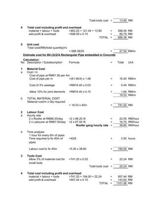 Total tools cost = 13.90 RM
4 Total cost including profit and overhead
material + labour + tools =463.25 + 121.44 + 13.90 = 598.59 RM
add profit & overhead =598.59 x 0.15 = 89.79 RM
TOTAL = 688.38 RM
5 Unit cost
Total cost(RM)/total quantity(m)
= 688.38/25 = 27.54 RM/m
Estimate cost for B4 (3)/2/A Rectangular Pipe embedded in Concrete
Calculation:
No Description / Subdescription Formula = Total Unit
1 Material Cost
a Cost / m
Cost of pipe at RM61.90 per 4m
Cost of pipe per m =(61.90/4) x 1.06 = 16.40 RM/m
Cost of 3% wastage =RM16.40 x 0.03 = 0.49 RM/m
Allow 10% for joint elements =RM16.40 x 0.10 = 1.64 RM/m
18.53 RM/m
b TOTAL MATERIAL COST
Material cost/m x Qty required
= 18.53 x 40m = 741.20 RM
2 Labour Cost
a Hourly rate
2 x Roofer at RM88.20/day =2 x 88.20 /8 = 22.05 RM/hour
2 x Labourer at RM67.00/day =2 x 67.00 /8 = 16.75 RM/hour
Roofer gang hourly rate = 38.80 RM/hour
b Time analysis
1 hour for every 8m of pipes
Time required to fix 40m of
pipes
=40/8 = 5.00 hours
Labour cost to fix 40m =5.00 x 38.80 = 194.00 RM
3 Tools Cost
Allow 3% of material cost for
small tools
=741.20 x 0.03 = 22.24 RM
Total tools cost = 22.24 RM
4 Total cost including profit and overhead
material + labour + tools =741.20 + 194.00 + 22.24 = 957.44 RM
add profit & overhead =957.44 x 0.15 = 143.62 RM
TOTAL = 1101.06 RM
 
