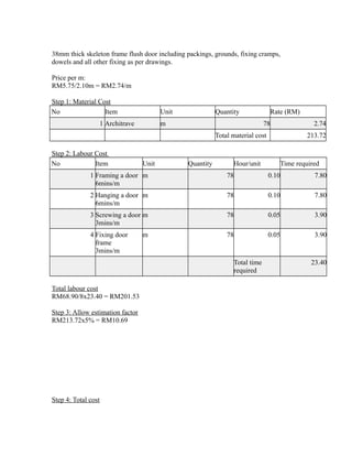38mm thick skeleton frame flush door including packings, grounds, fixing cramps,
dowels and all other fixing as per drawings.
Price per m:
RM5.75/2.10m = RM2.74/m
Step 1: Material Cost
No Item Unit Quantity Rate (RM)
1 Architrave m 78 2.74
Total material cost 213.72
Step 2: Labour Cost
No Item Unit Quantity Hour/unit Time required
1 Framing a door
6mins/m
m 78 0.10 7.80
2 Hanging a door
6mins/m
m 78 0.10 7.80
3 Screwing a door
3mins/m
m 78 0.05 3.90
4 Fixing door
frame
3mins/m
m 78 0.05 3.90
Total time
required
23.40
Total labour cost
RM68.90/8x23.40 = RM201.53
Step 3: Allow estimation factor
RM213.72x5% = RM10.69
Step 4: Total cost
 