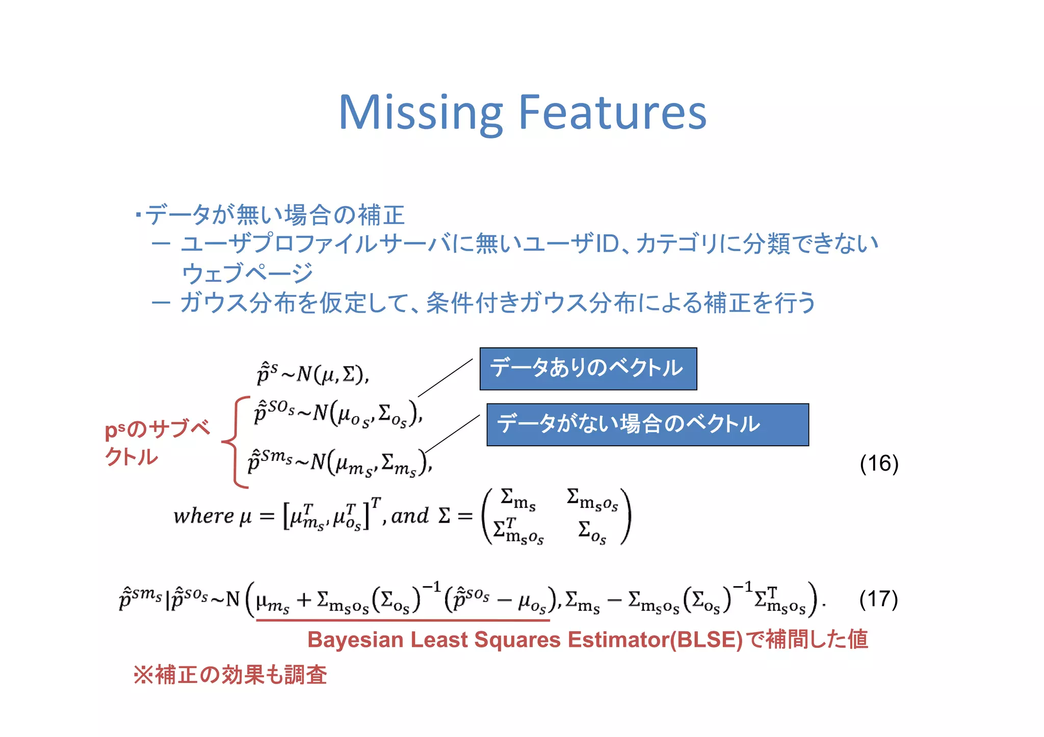 Missing Features
・データが無い場合の補正
　－ ユーザプロファイルサーバに無いユーザID、カテゴリに分類できない
　　　ウェブページ
　－ ガウス分布を仮定して、条件付きガウス分布による補正を行う
(16)
(17)
※※※※補正の効果も調査補正の効果も調査補正の効果も調査補正の効果も調査
データありのベクトルデータありのベクトルデータありのベクトルデータありのベクトル
データがない場合のベクトルデータがない場合のベクトルデータがない場合のベクトルデータがない場合のベクトルpsのサブベのサブベのサブベのサブベ
クトルクトルクトルクトル
Bayesian Least Squares Estimator(BLSE)で補間した値で補間した値で補間した値で補間した値
 