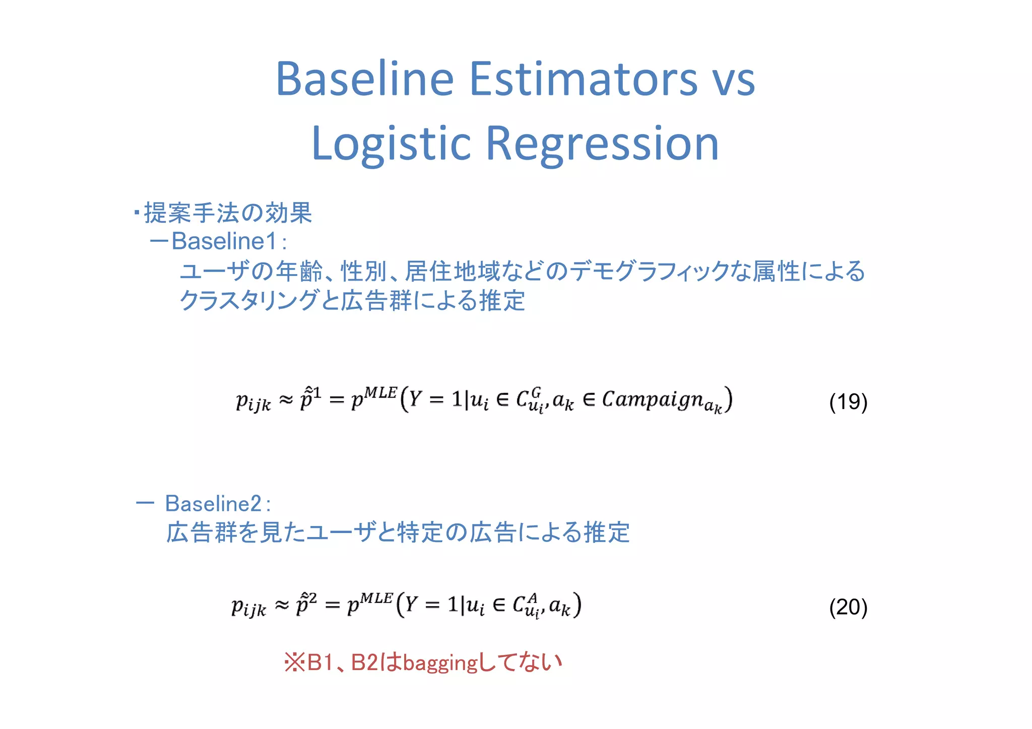 Baseline Estimators vs
Logistic Regression
・提案手法の効果
　－Baseline1：
　　　ユーザの年齢、性別、居住地域などのデモグラフィックな属性による
　　　クラスタリングと広告群による推定
　　
　－ Baseline2：
　　　広告群を見たユーザと特定の広告による推定
(19)
(20)
※B1、B2はbaggingしてない
 