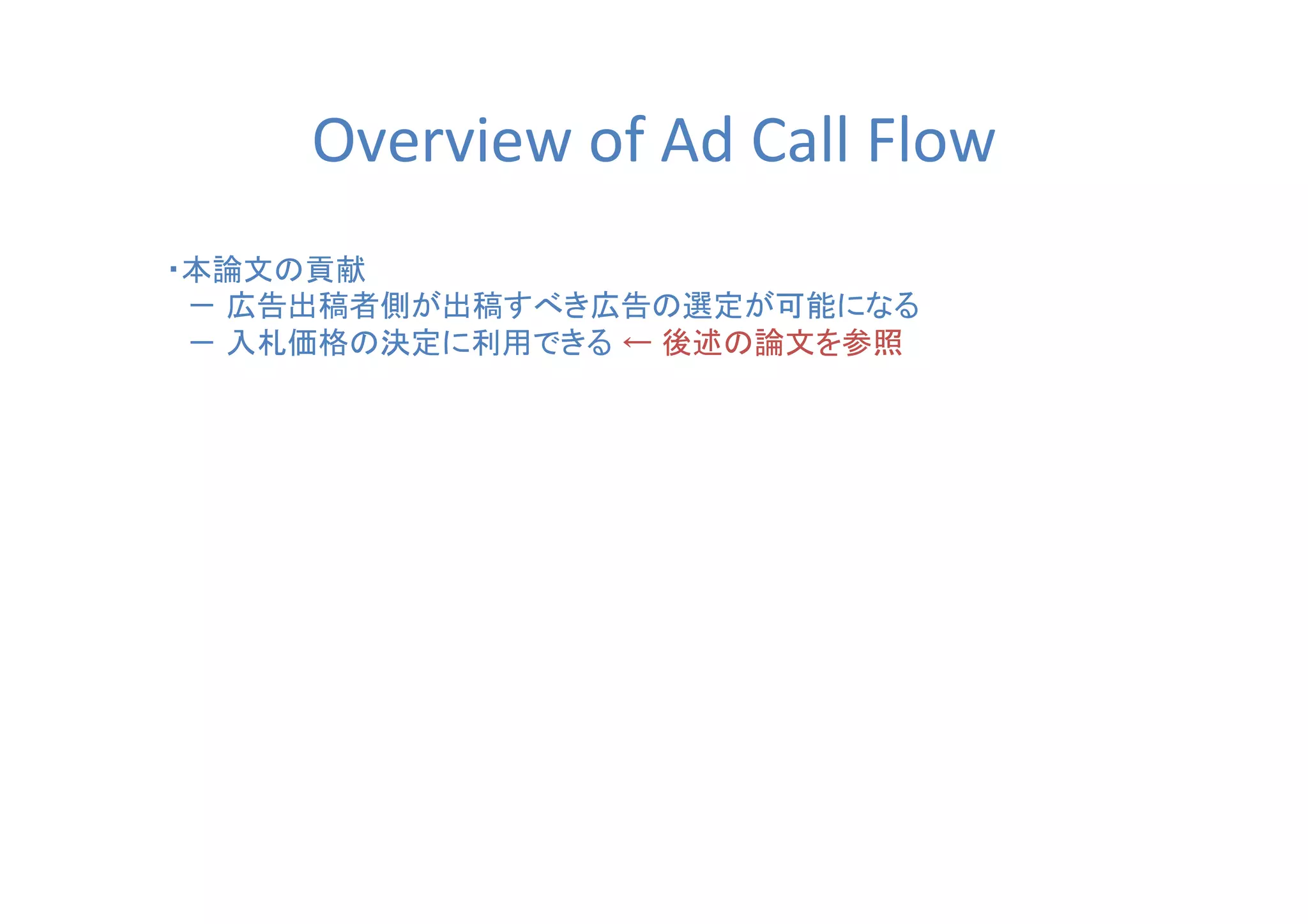 Overview of Ad Call Flow
・本論文の貢献
　－ 広告出稿者側が出稿すべき広告の選定が可能になる
　－ 入札価格の決定に利用できる ← 後述の論文を参照
 