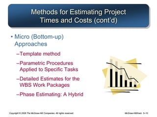 Copyright © 2006 The McGraw-Hill Companies. All rights reserved. McGraw-Hill/Irwin 5–10
Methods for Estimating Project
Times and Costs (cont’d)
• Micro (Bottom-up)
Approaches
–Template method
–Parametric Procedures
Applied to Specific Tasks
–Detailed Estimates for the
WBS Work Packages
–Phase Estimating: A Hybrid
 