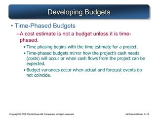 Copyright © 2006 The McGraw-Hill Companies. All rights reserved. McGraw-Hill/Irwin 5–13
Developing Budgets
• Time-Phased Budgets
–A cost estimate is not a budget unless it is time-
phased.
• Time phasing begins with the time estimate for a project.
• Time-phased budgets mirror how the project’s cash needs
(costs) will occur or when cash flows from the project can be
expected.
• Budget variances occur when actual and forecast events do
not coincide.
 