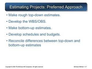 Copyright © 2006 The McGraw-Hill Companies. All rights reserved. McGraw-Hill/Irwin 5–7
Estimating Projects: Preferred Approach
• Make rough top-down estimates.
• Develop the WBS/OBS.
• Make bottom-up estimates.
• Develop schedules and budgets.
• Reconcile differences between top-down and
bottom-up estimates
 