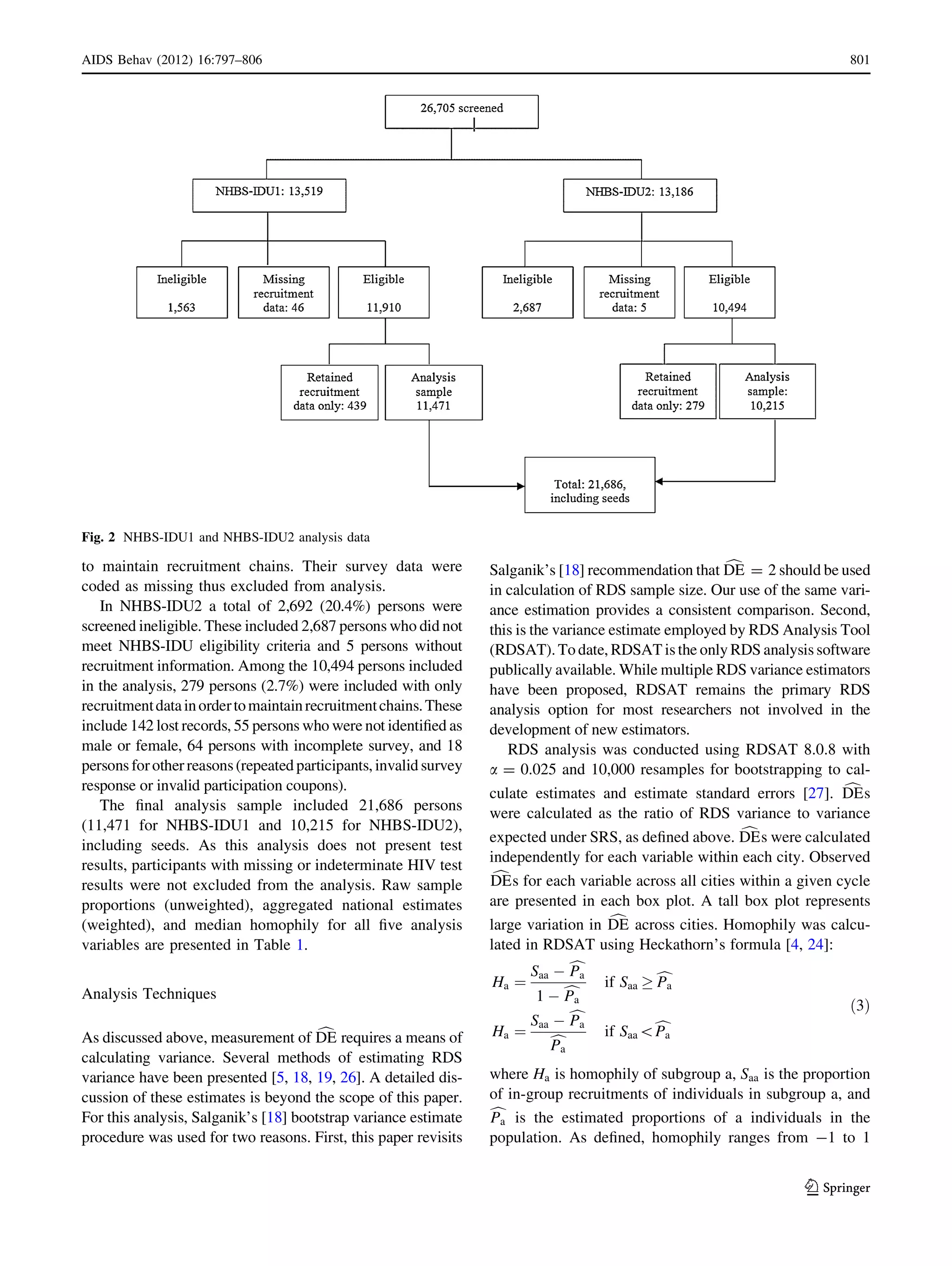 to maintain recruitment chains. Their survey data were
coded as missing thus excluded from analysis.
In NHBS-IDU2 a total of 2,692 (20.4%) persons were
screened ineligible. These included 2,687 persons who did not
meet NHBS-IDU eligibility criteria and 5 persons without
recruitment information. Among the 10,494 persons included
in the analysis, 279 persons (2.7%) were included with only
recruitmentdatainordertomaintainrecruitmentchains.These
include 142 lost records, 55 persons who were not identiﬁed as
male or female, 64 persons with incomplete survey, and 18
persons forother reasons(repeated participants, invalid survey
response or invalid participation coupons).
The ﬁnal analysis sample included 21,686 persons
(11,471 for NHBS-IDU1 and 10,215 for NHBS-IDU2),
including seeds. As this analysis does not present test
results, participants with missing or indeterminate HIV test
results were not excluded from the analysis. Raw sample
proportions (unweighted), aggregated national estimates
(weighted), and median homophily for all ﬁve analysis
variables are presented in Table 1.
Analysis Techniques
As discussed above, measurement of cDE requires a means of
calculating variance. Several methods of estimating RDS
variance have been presented [5, 18, 19, 26]. A detailed dis-
cussion of these estimates is beyond the scope of this paper.
For this analysis, Salganik’s [18] bootstrap variance estimate
procedure was used for two reasons. First, this paper revisits
Salganik’s [18] recommendation that cDE = 2 should be used
in calculation of RDS sample size. Our use of the same vari-
ance estimation provides a consistent comparison. Second,
this is the variance estimate employed by RDS Analysis Tool
(RDSAT). To date, RDSAT is the only RDS analysis software
publically available. While multiple RDS variance estimators
have been proposed, RDSAT remains the primary RDS
analysis option for most researchers not involved in the
development of new estimators.
RDS analysis was conducted using RDSAT 8.0.8 with
a = 0.025 and 10,000 resamples for bootstrapping to cal-
culate estimates and estimate standard errors [27]. cDEs
were calculated as the ratio of RDS variance to variance
expected under SRS, as deﬁned above. cDEs were calculated
independently for each variable within each city. Observed
cDEs for each variable across all cities within a given cycle
are presented in each box plot. A tall box plot represents
large variation in cDE across cities. Homophily was calcu-
lated in RDSAT using Heckathorn’s formula [4, 24]:
Ha ¼
Saa À cPa
1 À cPa
if Saa ! cPa
Ha ¼
Saa À cPa
cPa
if SaacPa
ð3Þ
where Ha is homophily of subgroup a, Saa is the proportion
of in-group recruitments of individuals in subgroup a, and
cPa is the estimated proportions of a individuals in the
population. As deﬁned, homophily ranges from -1 to 1
Fig. 2 NHBS-IDU1 and NHBS-IDU2 analysis data
AIDS Behav (2012) 16:797–806 801
123
 