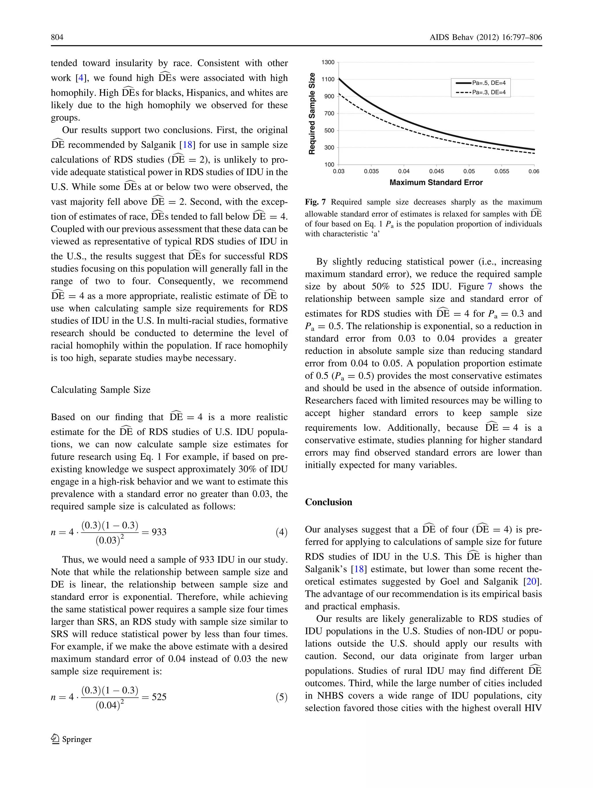 tended toward insularity by race. Consistent with other
work [4], we found high cDEs were associated with high
homophily. High cDEs for blacks, Hispanics, and whites are
likely due to the high homophily we observed for these
groups.
Our results support two conclusions. First, the original
cDE recommended by Salganik [18] for use in sample size
calculations of RDS studies ( cDE = 2), is unlikely to pro-
vide adequate statistical power in RDS studies of IDU in the
U.S. While some cDEs at or below two were observed, the
vast majority fell above cDE = 2. Second, with the excep-
tion of estimates of race, cDEs tended to fall below cDE = 4.
Coupled with our previous assessment that these data can be
viewed as representative of typical RDS studies of IDU in
the U.S., the results suggest that cDEs for successful RDS
studies focusing on this population will generally fall in the
range of two to four. Consequently, we recommend
cDE = 4 as a more appropriate, realistic estimate of cDE to
use when calculating sample size requirements for RDS
studies of IDU in the U.S. In multi-racial studies, formative
research should be conducted to determine the level of
racial homophily within the population. If race homophily
is too high, separate studies maybe necessary.
Calculating Sample Size
Based on our ﬁnding that cDE = 4 is a more realistic
estimate for the cDE of RDS studies of U.S. IDU popula-
tions, we can now calculate sample size estimates for
future research using Eq. 1 For example, if based on pre-
existing knowledge we suspect approximately 30% of IDU
engage in a high-risk behavior and we want to estimate this
prevalence with a standard error no greater than 0.03, the
required sample size is calculated as follows:
n ¼ 4 Á
ð0:3Þ 1 À 0:3ð Þ
0:03ð Þ2
¼ 933 ð4Þ
Thus, we would need a sample of 933 IDU in our study.
Note that while the relationship between sample size and
DE is linear, the relationship between sample size and
standard error is exponential. Therefore, while achieving
the same statistical power requires a sample size four times
larger than SRS, an RDS study with sample size similar to
SRS will reduce statistical power by less than four times.
For example, if we make the above estimate with a desired
maximum standard error of 0.04 instead of 0.03 the new
sample size requirement is:
n ¼ 4 Á
ð0:3Þ 1 À 0:3ð Þ
0:04ð Þ2
¼ 525 ð5Þ
By slightly reducing statistical power (i.e., increasing
maximum standard error), we reduce the required sample
size by about 50% to 525 IDU. Figure 7 shows the
relationship between sample size and standard error of
estimates for RDS studies with cDE = 4 for Pa = 0.3 and
Pa = 0.5. The relationship is exponential, so a reduction in
standard error from 0.03 to 0.04 provides a greater
reduction in absolute sample size than reducing standard
error from 0.04 to 0.05. A population proportion estimate
of 0.5 (Pa = 0.5) provides the most conservative estimates
and should be used in the absence of outside information.
Researchers faced with limited resources may be willing to
accept higher standard errors to keep sample size
requirements low. Additionally, because cDE = 4 is a
conservative estimate, studies planning for higher standard
errors may ﬁnd observed standard errors are lower than
initially expected for many variables.
Conclusion
Our analyses suggest that a cDE of four ( cDE = 4) is pre-
ferred for applying to calculations of sample size for future
RDS studies of IDU in the U.S. This cDE is higher than
Salganik’s [18] estimate, but lower than some recent the-
oretical estimates suggested by Goel and Salganik [20].
The advantage of our recommendation is its empirical basis
and practical emphasis.
Our results are likely generalizable to RDS studies of
IDU populations in the U.S. Studies of non-IDU or popu-
lations outside the U.S. should apply our results with
caution. Second, our data originate from larger urban
populations. Studies of rural IDU may ﬁnd different cDE
outcomes. Third, while the large number of cities included
in NHBS covers a wide range of IDU populations, city
selection favored those cities with the highest overall HIV
100
300
500
700
900
1100
1300
0.03 0.035 0.04 0.045 0.05 0.055 0.06
RequiredSampleSize
Maximum Standard Error
Pa=.5, DE=4
Pa=.3, DE=4
Fig. 7 Required sample size decreases sharply as the maximum
allowable standard error of estimates is relaxed for samples with cDE
of four based on Eq. 1 Pa is the population proportion of individuals
with characteristic ‘a’
804 AIDS Behav (2012) 16:797–806
123
 