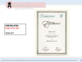 AWARDS &
RECOGNITION
CHAI JIA ERN 0324653 l CHEAH MAN YEE 0324743 l GOH XINGXIN 0325587 l NA YONG YI 0324458 l TAN KAI XUAN 0325066 l TEE WAN NEE 0325074 l TANG LAM YU 0324966 l LAI EUGENE 0324075 l GOH PEI JENG 0329735 l MELVIN TAN 0324938
CIDB MALAYSIA
Builder of the Year
YEAR 2017
 