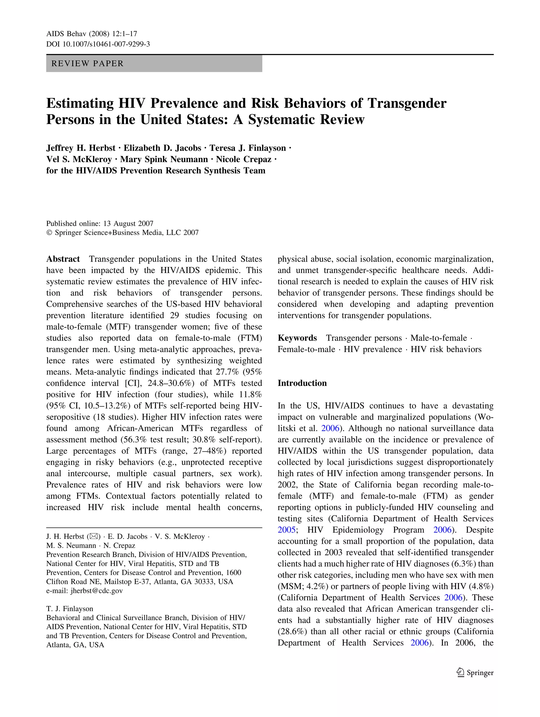 Estimating HIV prevalence and risk behaviors of transgender persons in the United States - A systematic review