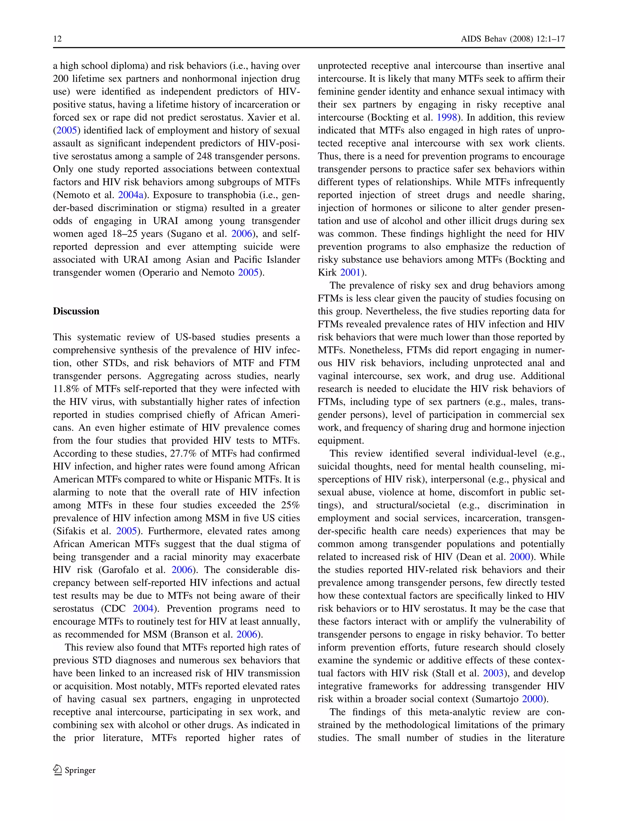 Estimating HIV prevalence and risk behaviors of transgender persons in the United States - A systematic review