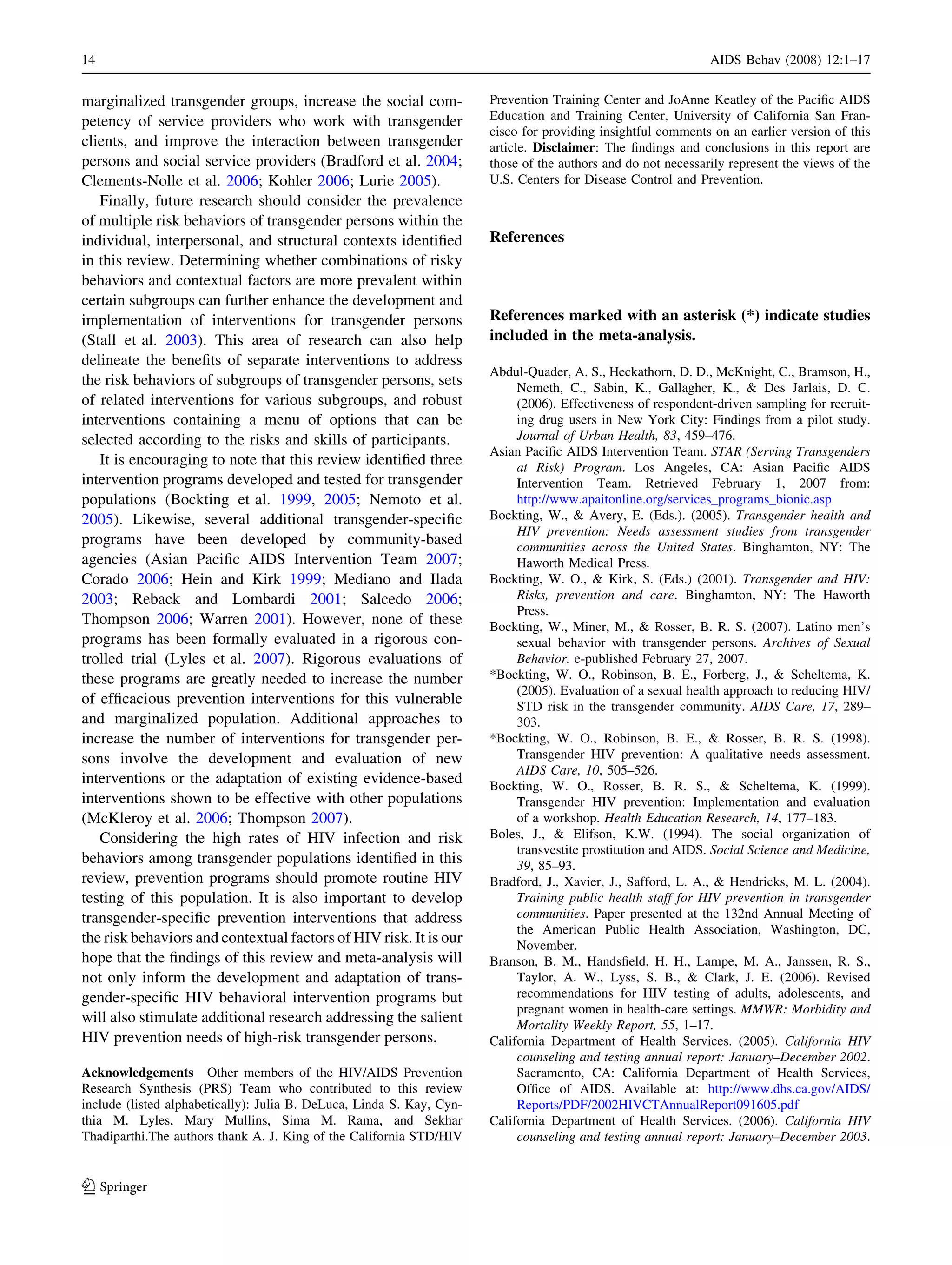 Estimating HIV prevalence and risk behaviors of transgender persons in the United States - A systematic review