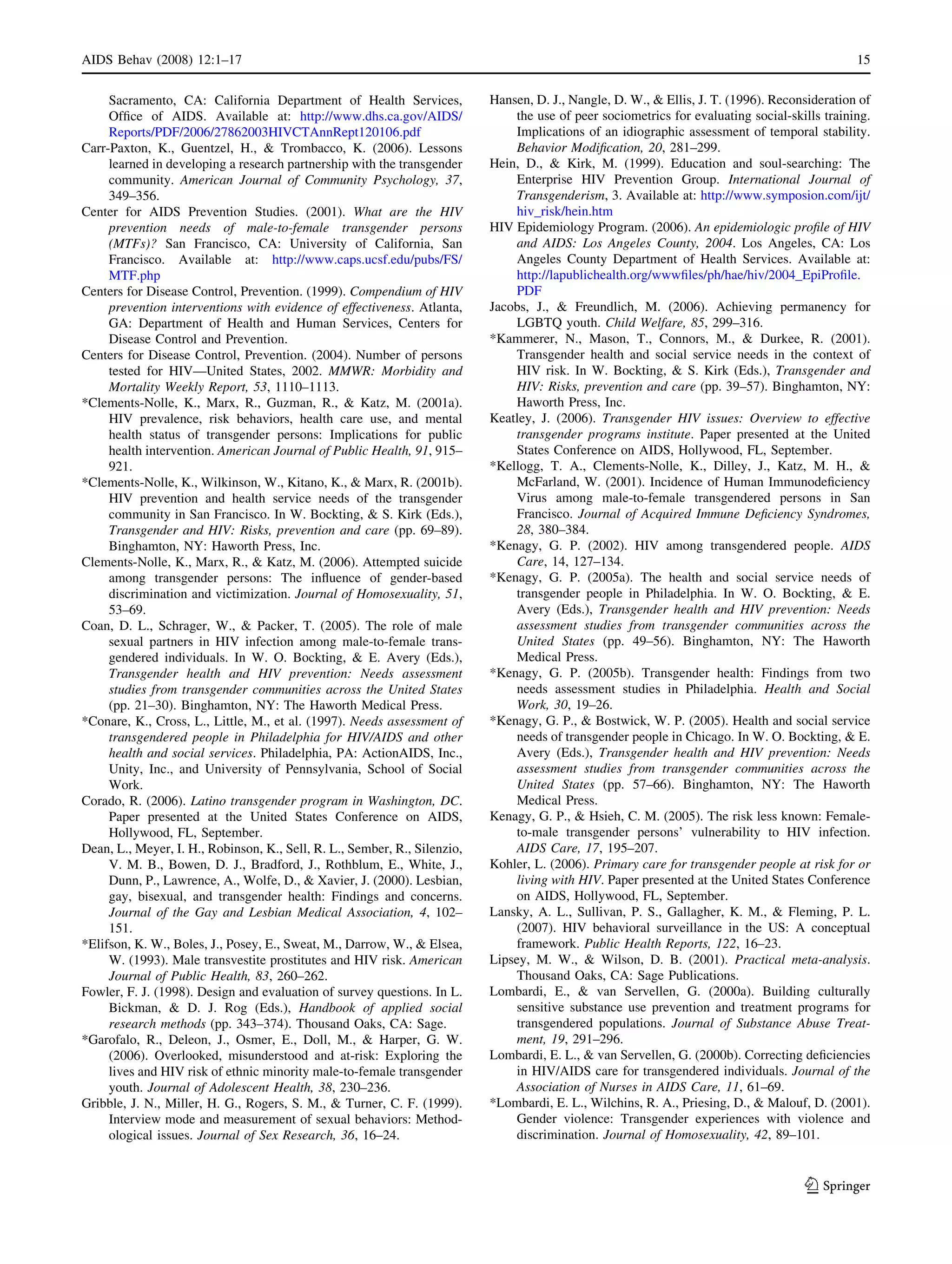 Estimating HIV prevalence and risk behaviors of transgender persons in the United States - A systematic review
