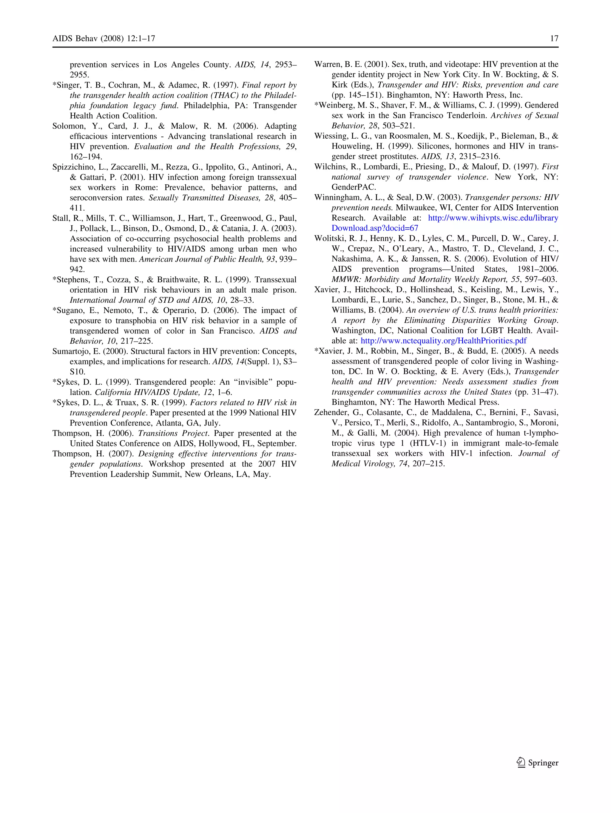Estimating HIV prevalence and risk behaviors of transgender persons in the United States - A systematic review