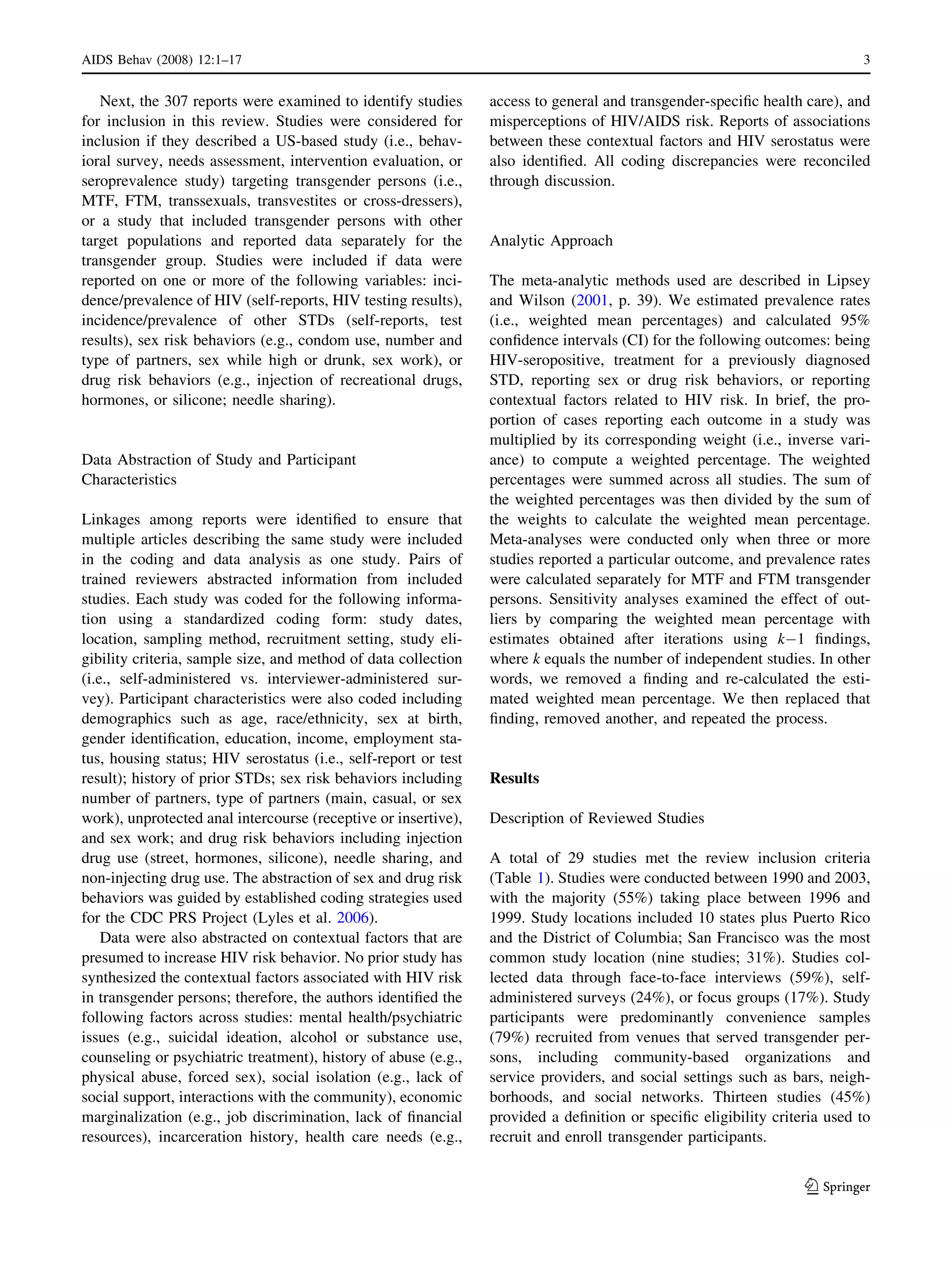 Estimating HIV prevalence and risk behaviors of transgender persons in the United States - A systematic review