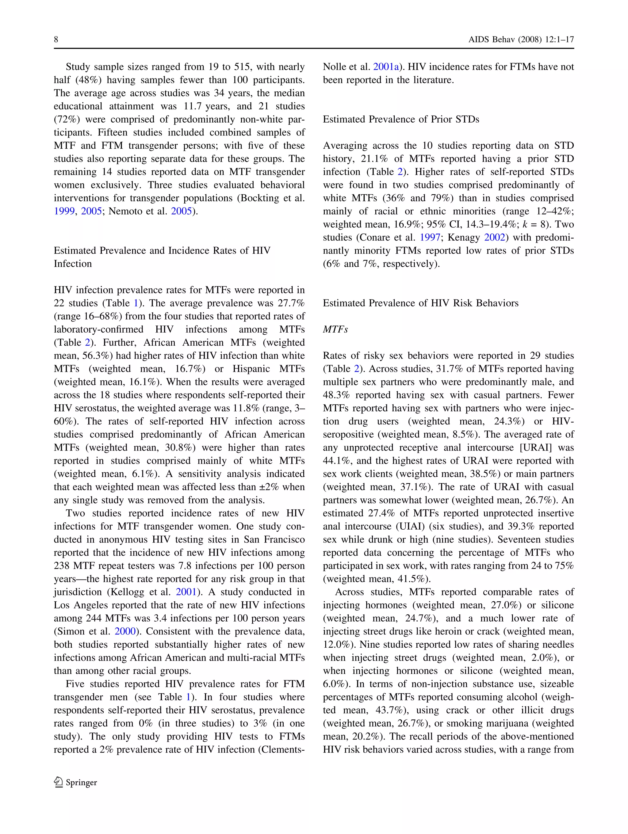 Estimating HIV prevalence and risk behaviors of transgender persons in the United States - A systematic review