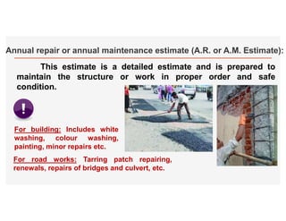Annual repair or annual maintenance estimate (A.R. or A.M. Estimate):
This estimate is a detailed estimate and is prepared to
maintain the structure or work in proper order and safe
condition.
For building: Includes white
washing, colour washing,
painting, minor repairs etc.
For road works: Tarring patch repairing,
renewals, repairs of bridges and culvert, etc.
 
