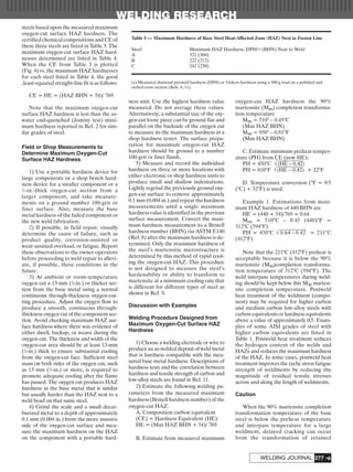 WELDING RESEARCH
-s277WELDING JOURNAL
steels based upon the measured maximum
oxygen-cut surface HAZ hardness. The
certified chemical compositions and CE of
these three steels are listed in Table 3. The
maximum oxygen-cut surface HAZ hard-
nesses determined are listed in Table 4.
When the CE from Table 3 is plotted
(Fig. 4) vs. the maximum HAZ hardnesses
for each steel listed in Table 4, the good
,least-squared straight-line fit is as follows:
CE = HE = (HAZ BHN + 54)/ 769
Note that the maximum oxygen-cut
surface HAZ hardness is less than the as-
water end-quenched (Jominy test) maxi-
mum hardness reported in Ref. 2 for sim-
ilar grades of steel.
Field or Shop Measurements to
Determine Maximum Oxygen-Cut
Surface HAZ Hardness
1) Use a portable hardness device for
large components or a shop bench hard-
ness device for a smaller component or a
1
⁄2-in.-thick oxygen-cut section from a
larger component, and take measure-
ments on a ground number 100-grit or
finer surface. Also, measure the base
metal hardness of the failed component or
the new weld fabrication.
2) If possible, in field repair, visually
determine the cause of failure, such as
product quality, corrosion-assisted or
wear-assisted overload, or fatigue. Report
these observations to the owner-operators
before proceeding to weld repair to allevi-
ate, if possible, these conditions in the
future.
3) At ambient or room-temperature
oxygen cut a 13-mm (1
⁄2-in.) or thicker sec-
tion from the base metal using a normal
continuous through-thickness oxygen-cut-
ting procedure. Adjust the oxygen flow to
produce a smooth, continuous through-
thickness oxygen cut of the component sec-
tion. Avoid checking maximum HAZ sur-
face hardness where there was evidence of
either dwell, backup, or weave during the
oxygen-cut. The thickness and width of the
oxygen-cut area should be at least 13-mm
(1
⁄2-in.) thick to ensure substantial cooling
from the oxygen-cut face. Sufficient steel
mass on both sides of the oxygen cut, such
as 13 mm (1
⁄2-in.) or more, is required to
promote adequate cooling after the flame
has passed. The oxygen cut produces HAZ
hardness in the base metal that is similar
but usually harder than the HAZ next to a
weld bead on that same steel.
4) Grind the scale and a small decar-
burized metal to a depth of approximately
0.1 mm (0.004 in.) from the more massive
side of the oxygen-cut surface and mea-
sure the maximum hardness on the HAZ
on the component with a portable hard-
ness unit. Use the highest hardness value
measured. Do not average these values.
Alternatively, a substantial size of the oxy-
gen-cut loose piece can be ground flat and
parallel on the backside of the oxygen cut
to measure its the maximum hardness in a
shop hardness tester. The surface prepa-
ration for maximum oxygen-cut HAZ
hardness should be ground to a number
100-grit or finer finish.
5) Measure and record the individual
hardness on three or more locations with
either electronic or shop hardness units to
produce small and shallow indentations.
Lightly regrind the previously ground oxy-
gen-cut surface to remove approximately
0.1 mm (0.004 in.) and repeat the hardness
measurements until a single maximum
hardness value is identified in the previous
surface measurement. Convert the maxi-
mum hardness measurement to a Brinell
hardness number (BHN) via ASTM E140
(Ref. 8) after the maximum hardness is de-
termined. Only the maximum hardness of
the steel’s martensitic microstructure is
determined by this method of rapid cool-
ing the oxygen-cut HAZ. This procedure
is not designed to measure the steel’s
hardenability or ability to transform to
martensite at a minimum cooling rate that
is different for different types of steel as
shown in Ref. 9.
Discussion with Examples
Welding Procedure Designed from
Maximum Oxygen-Cut Surface HAZ
Hardness
1) Choose a welding electrode or wire to
produce an as-welded deposit of weld metal
that is hardness compatible with the mea-
sured base metal hardness. Descriptions of
hardness tests and the correlation between
hardness and tensile strength of carbon and
low-alloy steels are found in Ref. 11.
2) Estimate the following welding pa-
rameters from the measured maximum
hardness (Brinell hardness number) of the
oxygen-cut HAZ:
A. Composition carbon equivalent
(CE) = Hardness Equivalent (HE):
HE = (Max HAZ BHN + 54)/ 769
B. Estimate from measured maximum
oxygen-cut HAZ hardness the 90%
martensite (M90) completion transforma-
tion temperature
M90 = 510° – 0.45°C
(Max HAZ BHN)
M90 = 950° – 0.81°F
(Max HAZ BHN)
C. Estimate minimum preheat temper-
ature (PH) from CE (now HE):
PH = 450°C √(HE – 0.42)
PH = 810°F √(HE – 0.42) + 32°F
D. Temperature conversion (°F = 9/5
(°C) + 32°F) is used.
Example 1. Estimations from maxi-
mum HAZ hardness of 440 BHN are
HE = (440 + 54)/769 = 0.64
M90 = 510°C – 0.45 (440)°F =
312°C (594°F)
PH = 450°C √ 0.64 – 0.42 = 211°C
(412°F)
Note that the 211°C (412°F) preheat is
acceptable because it is below the 90%
martensite (M90)completion transforma-
tion temperature of 312°C (594°F). The
weld interpass temperatures during weld-
ing should be kept below this M90 marten-
site completion temperature. Postweld
heat treatment of the weldment (compo-
nent) may be required for higher carbon
and medium carbon low-alloy steels with
carbon equivalents or hardness equivalents
above a value of approximately 0.5. Exam-
ples of some AISI grades of steel with
higher carbon equivalents are listed in
Table 1. Postweld heat treatment reduces
the hydrogen content of the welds and
HAZs and reduces the maximum hardness
of the HAZ. In some cases, postweld heat
treatment improves the cyclic stress fatigue
strength of weldments by reducing the
magnitude of residual tensile stresses
across and along the length of weldments.
Caution
When the 90% martensite completion
transformation temperature of the base
steel is below the preheat temperature
and interpass temperature for a large
weldment, delayed cracking can occur
from the transformation of retained
Table 5 — Maximum Hardness of Base Steel Heat-Affected Zone (HAZ) Next to Fusion Line
Steel Maximum HAZ Hardness, DPH(a) (BHN) Next to Weld
A 321 (304)
B 222 (212)
C 242 (230)
(a) Measured diamond pyramid hardness (DPH) or Vickers hardness using a 500-g load on a polished and
etched cross section (Refs. 8, 11).
Hinton 11 08corr:Layout 1 10/8/08 4:42 PM Page 277
 