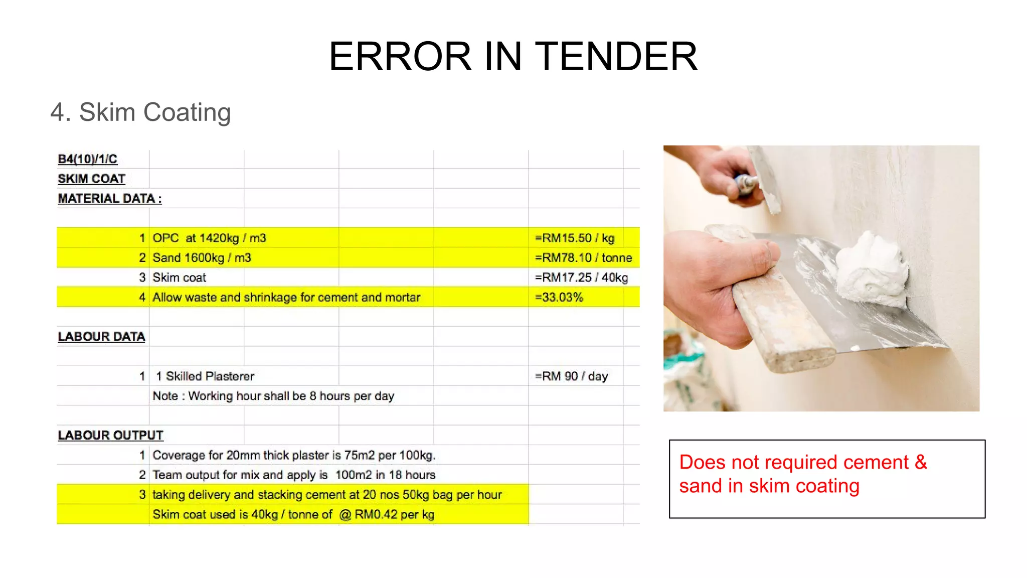 ERROR IN TENDER
4. Skim Coating
Does not required cement &
sand in skim coating
 