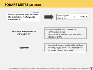 SQUARE METRE METHOD
Internal gross floor area obtained by
• within external area
• without adjustments for partition walls,
staircases or lifts
Measuring internal gross floor area
of a building and multiplying by
the cost per m2.
internal gross
floor area
x cost / m2
• first sketch designs produced by architect
• building project from a low-income house
to a large commercial project
INTERNAL GROSS FLOOR
OBTAINED BY
USED FOR
BENJAMIN NG 0324541 | GOH PEI JENG 0329735 | LAI EUGENE 0324075 | MELVIN TAN 0324938 | TANG LAM YU 0324966 | YAP CHOE HOONG 0323161
 