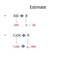 Estimate
• 632 8
• 7,124 8
600 8 = 80
7,200 8 = 900