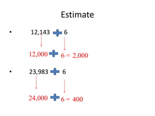 Estimate
• 12,143 6
• 23,983 6
12,000 6 = 2,000
24,000 6 = 400